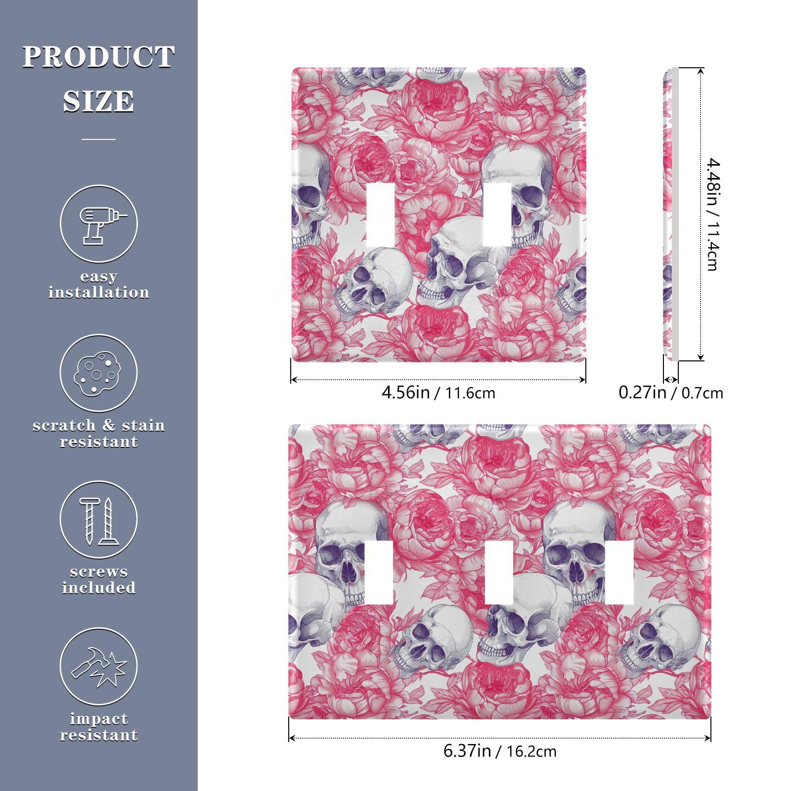 Light Switch Cover Pink Peonies Skulls Wall Plates for Electrical Outlets 3 Gang 202b5780
