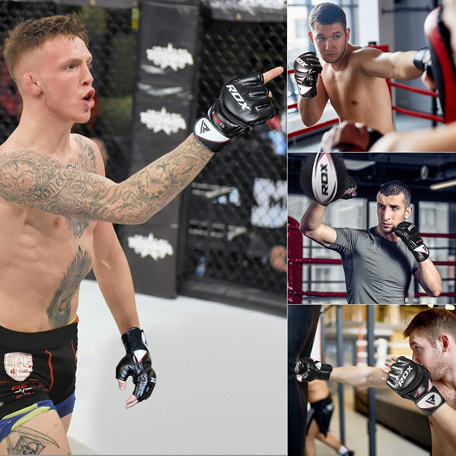 RDX MMA Guanti da allenamento, Maya Hide in pelle, guanti da boxe Grappling Sparring, ventilati aperti palmo, protezione da polso mano, kickboxing, muay thailandese, arti marziali combattimento guanti