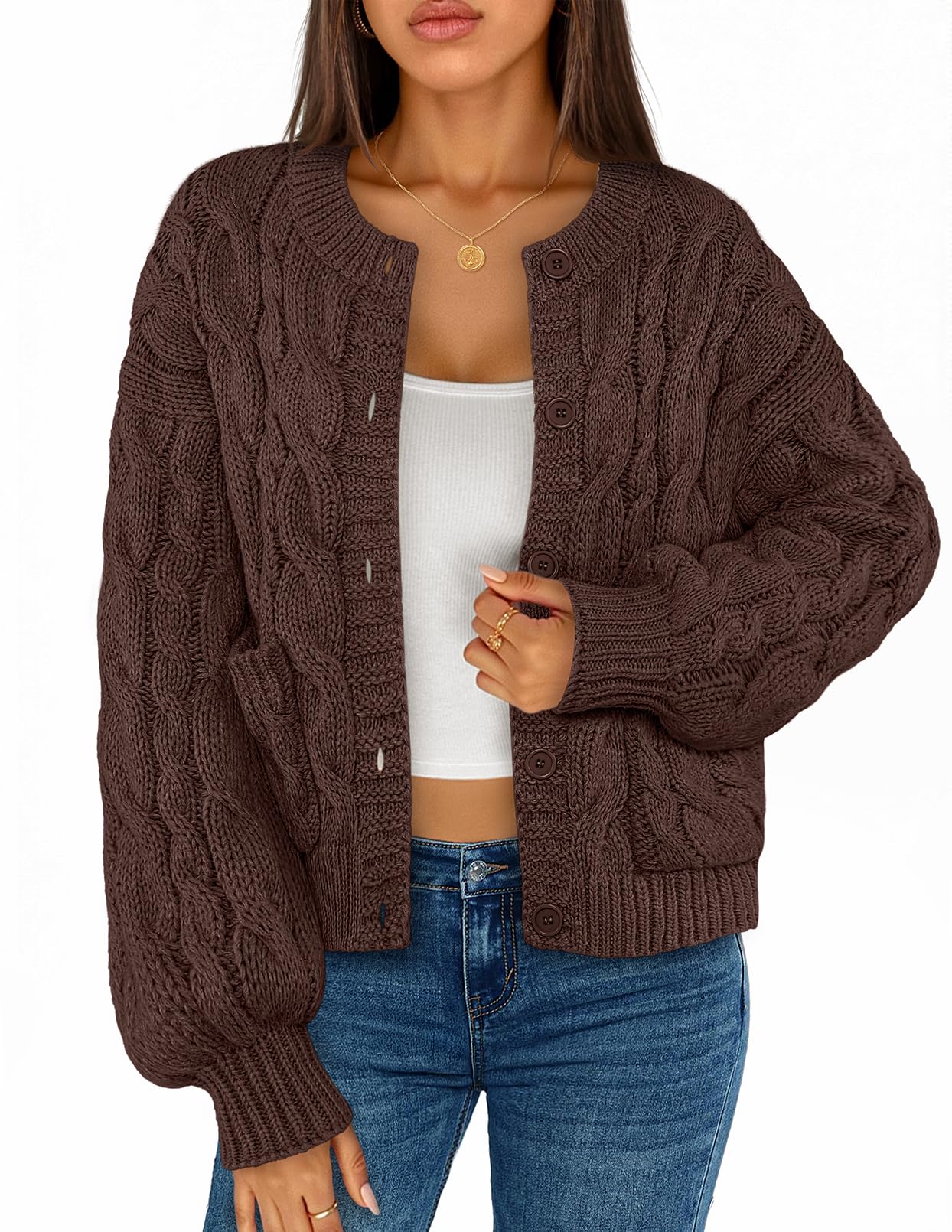 MEROKEETY Womens Cable Knit Chunky Cardigan Sweaters 2025 Fall Winter Trendy Button Up Long Sleeve Coat