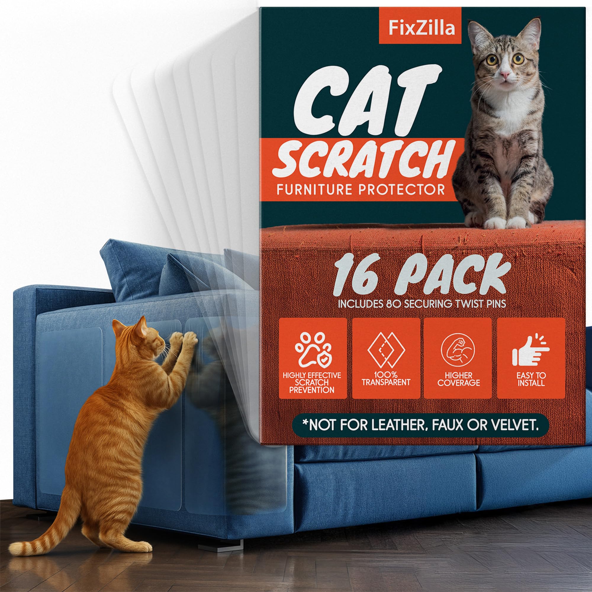 FixZilla Anti Cat Scratch Furniture Protector, 16-Pack Couch Protector from Cat Claws – Heavy-Duty, Easy-to-Apply Scratching Deterrent and Shield for