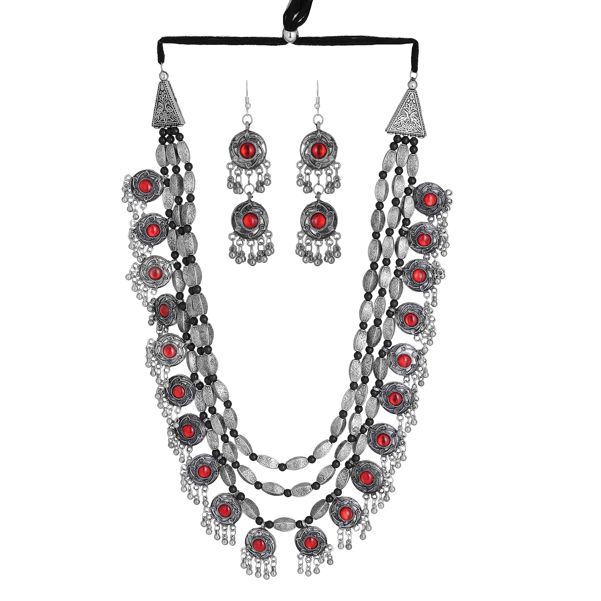 Shreyadzines Oxidized Silver Multi Strand Statement Stone Necklace Fashion Jewelry Set for Women and Girls (Red) (B083G3BH2P) Amazon Price History, Amazon Price Tracker