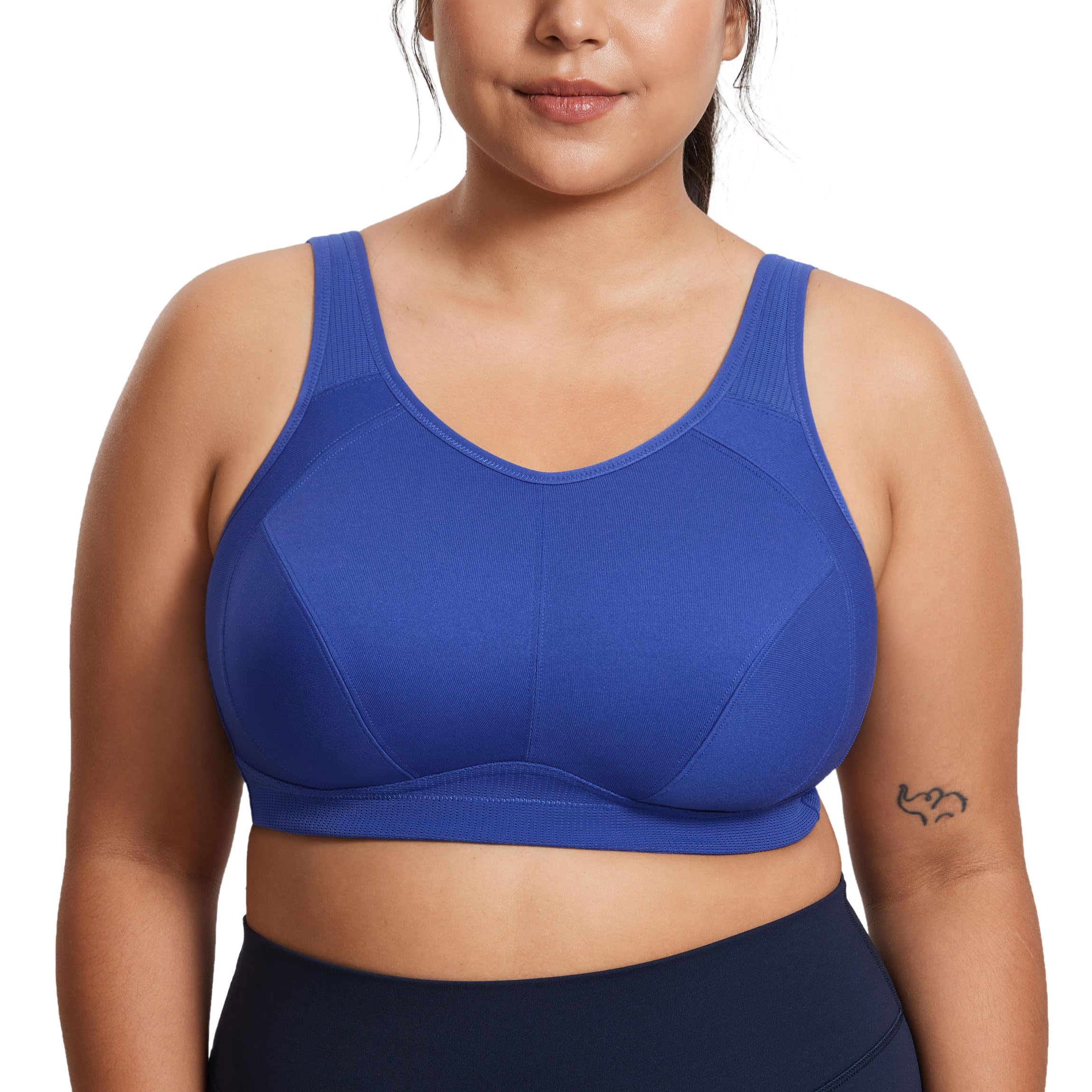 Syrokan Women's Waves Blue Sports Bras For Large Breasts High Impact Full Coverage High Neck No Padded Wireless Bra 34Dd