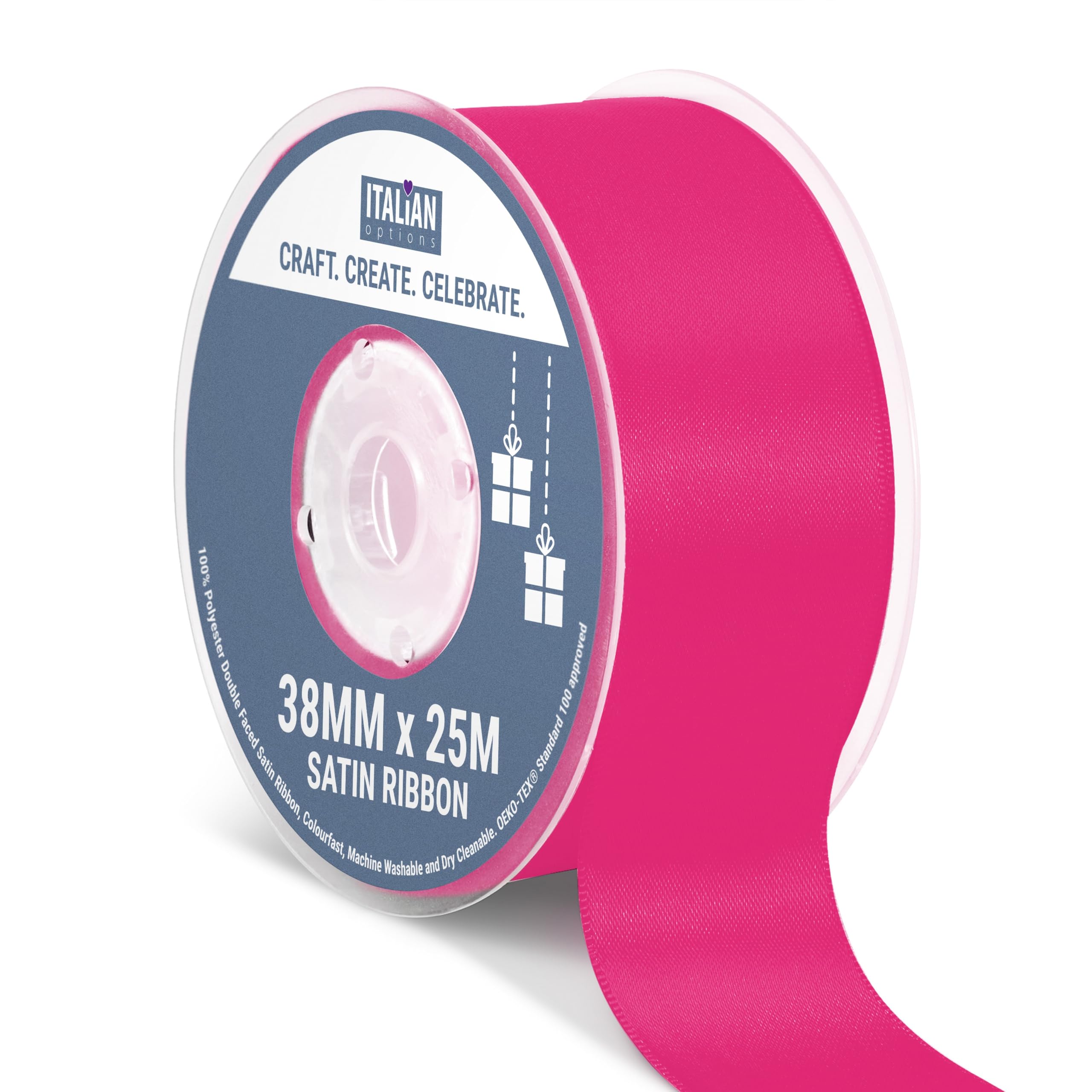 Italian Options Satin Ribbon, Fabric Ribbons for Gift Wrapping, Crafting, Balloons, Wedding Car, Presents, Cake, Christmas, Birthday, Gift Wrap Accessories, 38mm Wide x 25 Metre Roll, Cerise