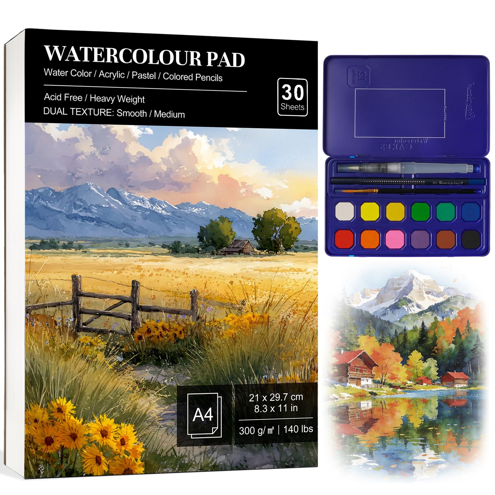 DazSpirit Watercolour Paper A4 Pad, 30 Sheets, 300gsm Glue Bound, Cold-Pressed Water Colour Paper, Watercolour Sketchbook with Brush, Pencil & 12 Colours for Painting, Drawing, Sketching & Mixed Media
