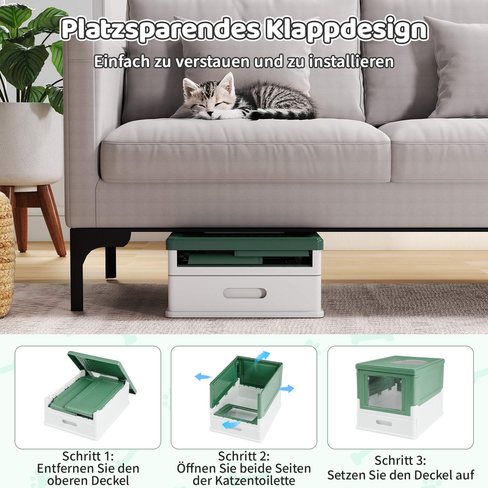 GYMAX Katzenklo, großes Katzentoilette mit Schublade, Einstieg Vorne & Oben, Katzenstreuschale mit rutschfesten Füßen, Reinigen & Geruchskontrolle, 50 x 38 x 37 cm (Grün)