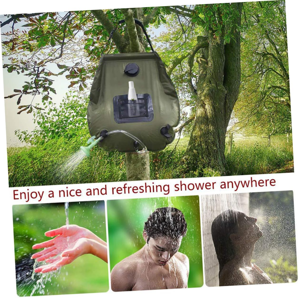 POPETPOP Solar Shower Bag for Camping and Outdoor Activities Portable Water Storage Shower Nozzle for Hiking Beach and Traveling Olive Green