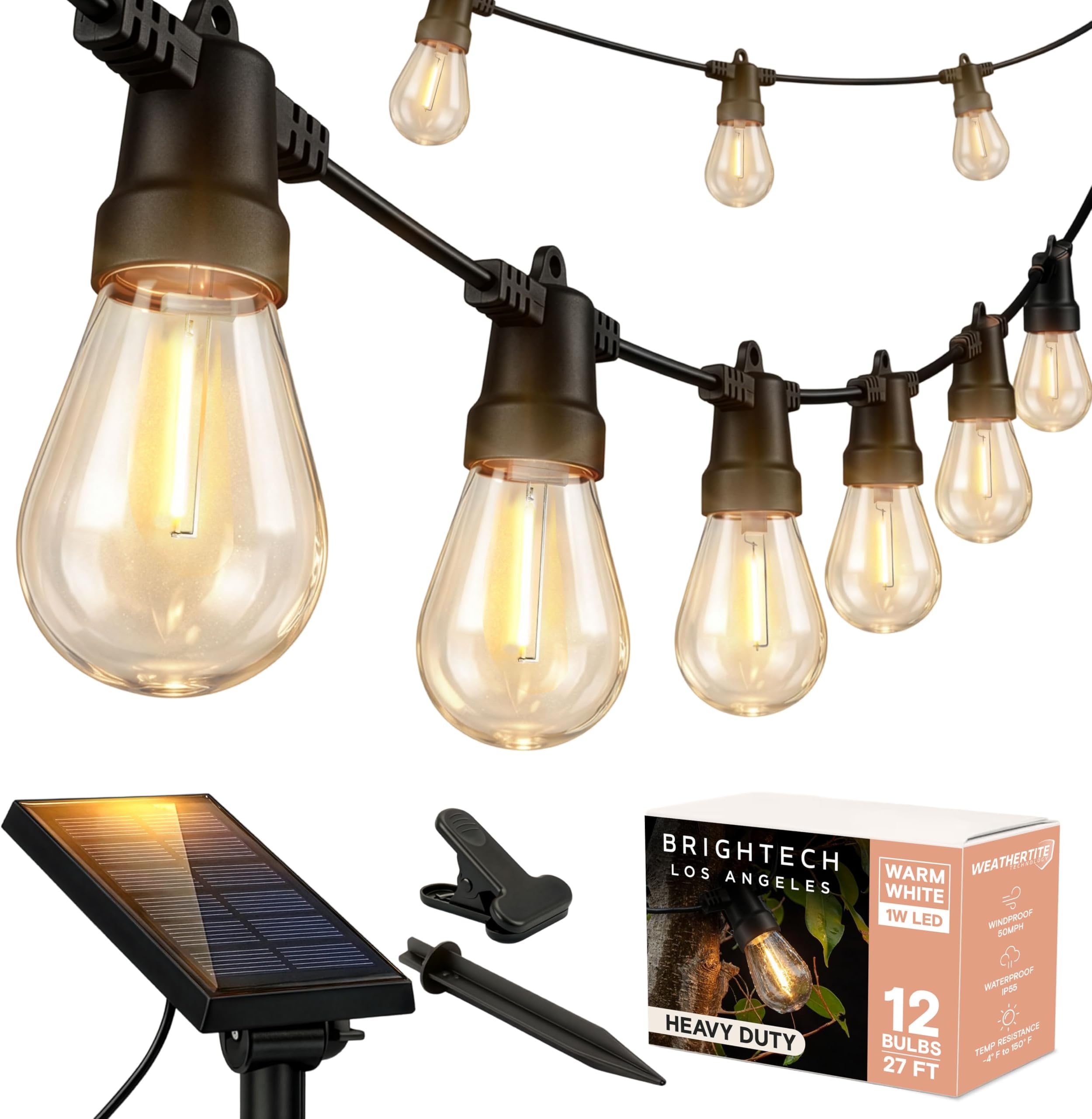 Ambience Pro Solar Powered Outdoor String Lights - Commercial Grade Patio Lights with 27 Ft Edison Bulbs - Shatterproof LED Solar String Lights - 1W LED, Warm White Light