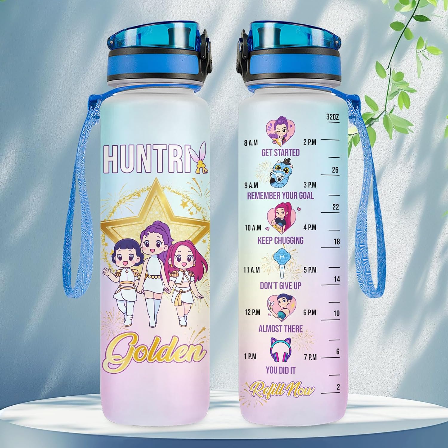 Hunters Motivational Water Bottle With Time Marker 32 oz, Cartoon Fantasy Hunters Drinkware Gift for Girls Fans