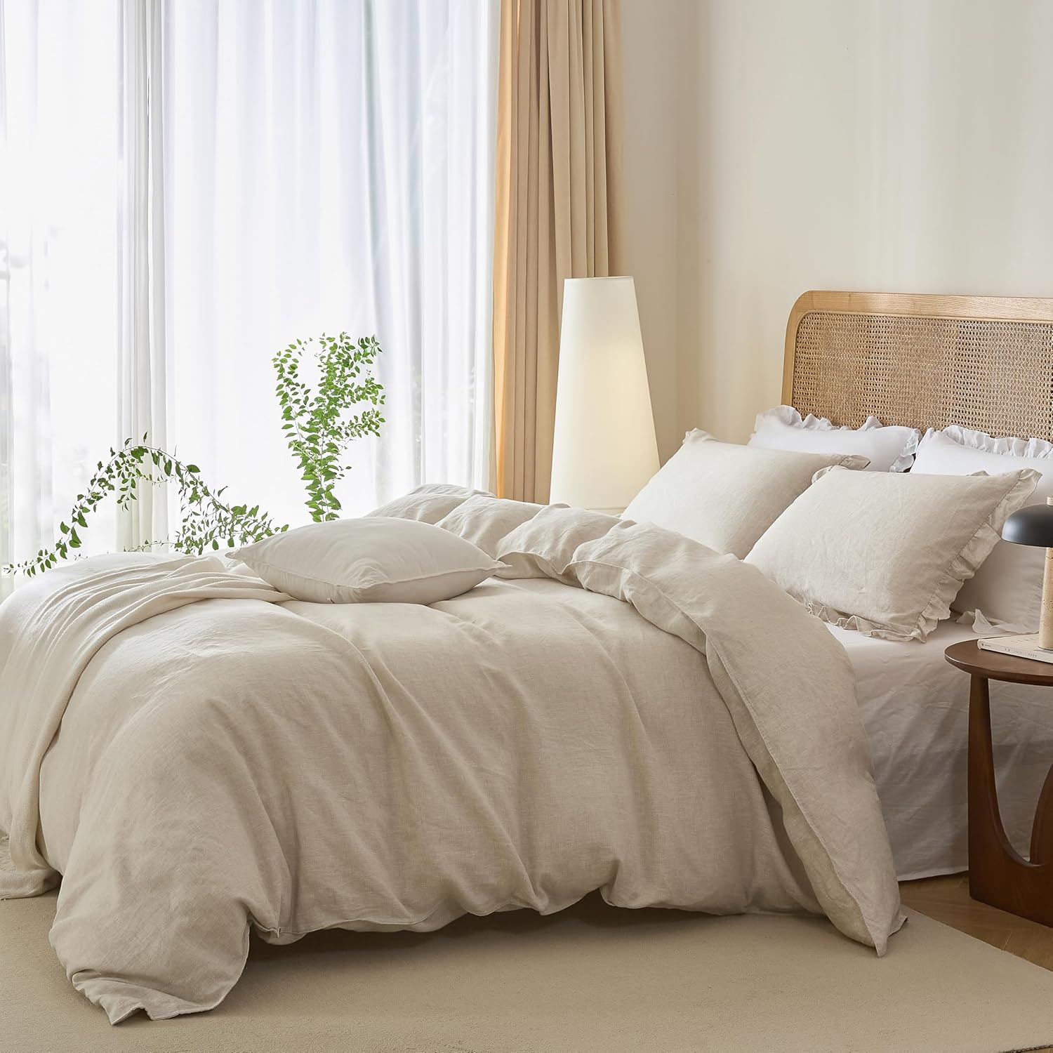 Talasily 100% French Linen Duvet Cover Set 3pc - Zipper Closure & 8 Corner Ties with Ruffled Pillowcases All-Season Breathable Bedding (Queen,Natural Linen) - Image 6