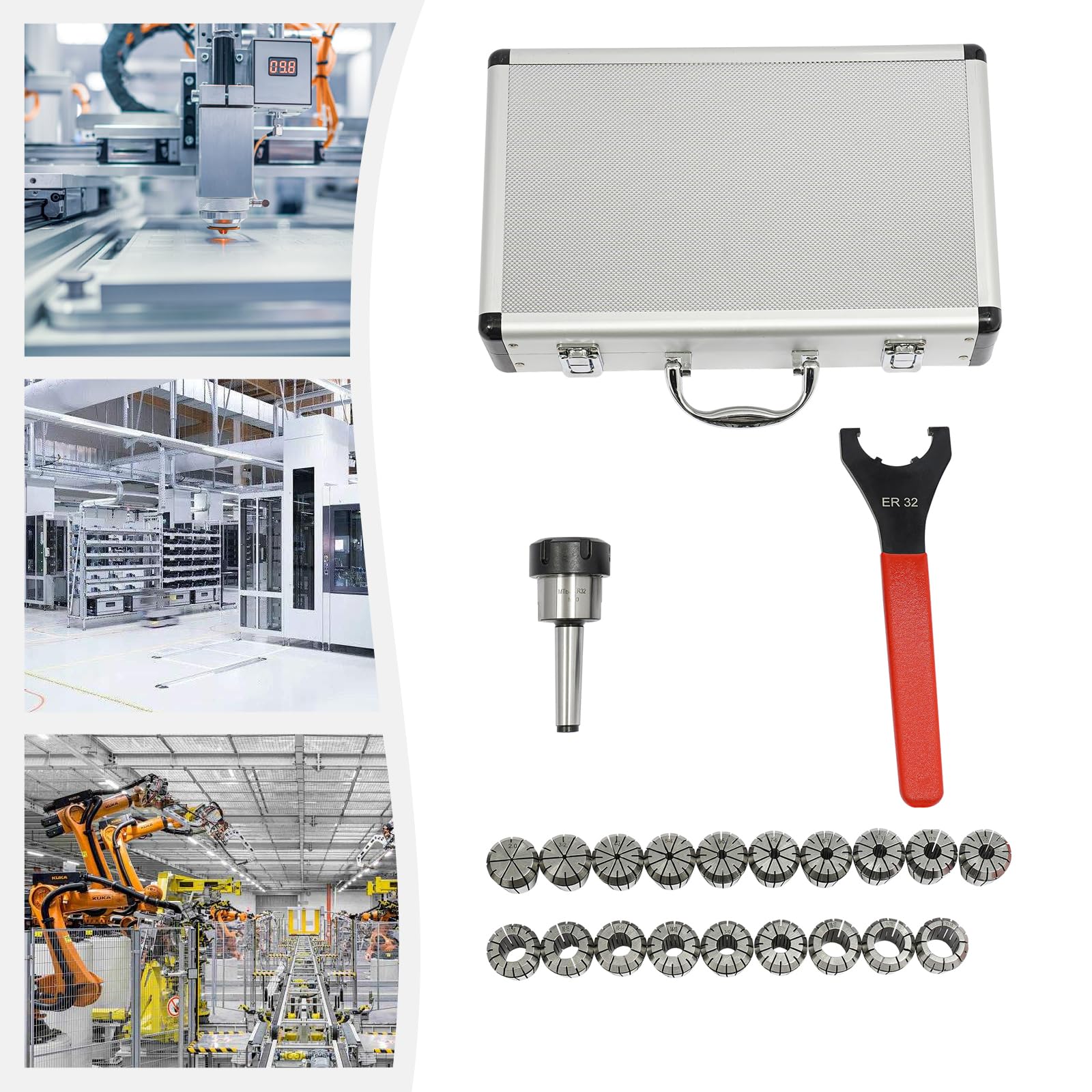 21Tlg Spannzangen Satz, MK2 MT2 ER32 M10 Dedizierte 2-20MM Präzision Dediziert Spanner Spannzangenfutter CNC Werkzeug mit Transportbox für Fräsmaschine Bohrmaschine Drehmaschine CNC Gewindebohren