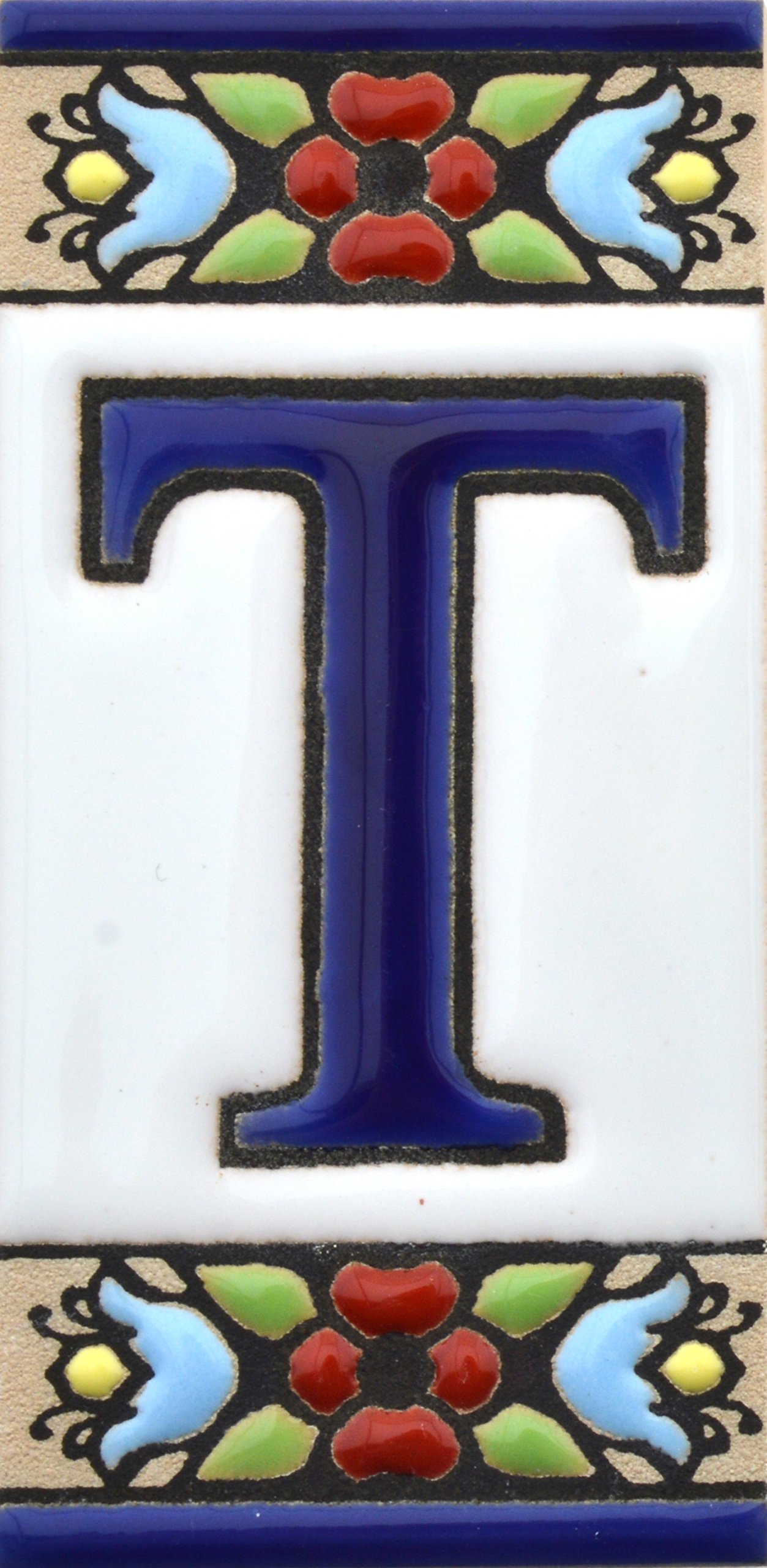 House letters 3 inch. Handpainted house letter tiles for signs, addresses and names. Address numbers for houses. House address numbers and letters. Design Design FLORES MINI 2,87" x 1,38" (LETTER T) โ image 1