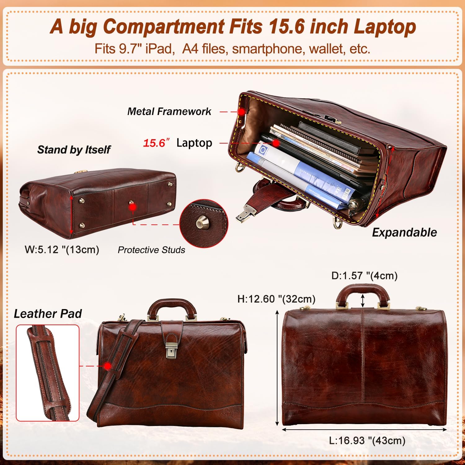 Banuce Premium Italian Full Grain Leather Lawyer Briefcase for Men 15.6 inch Legal Lawyer Briefcase and Doctor Bag for Business Travel Office Work with Lock and Detachable Shoulder Strap Brown