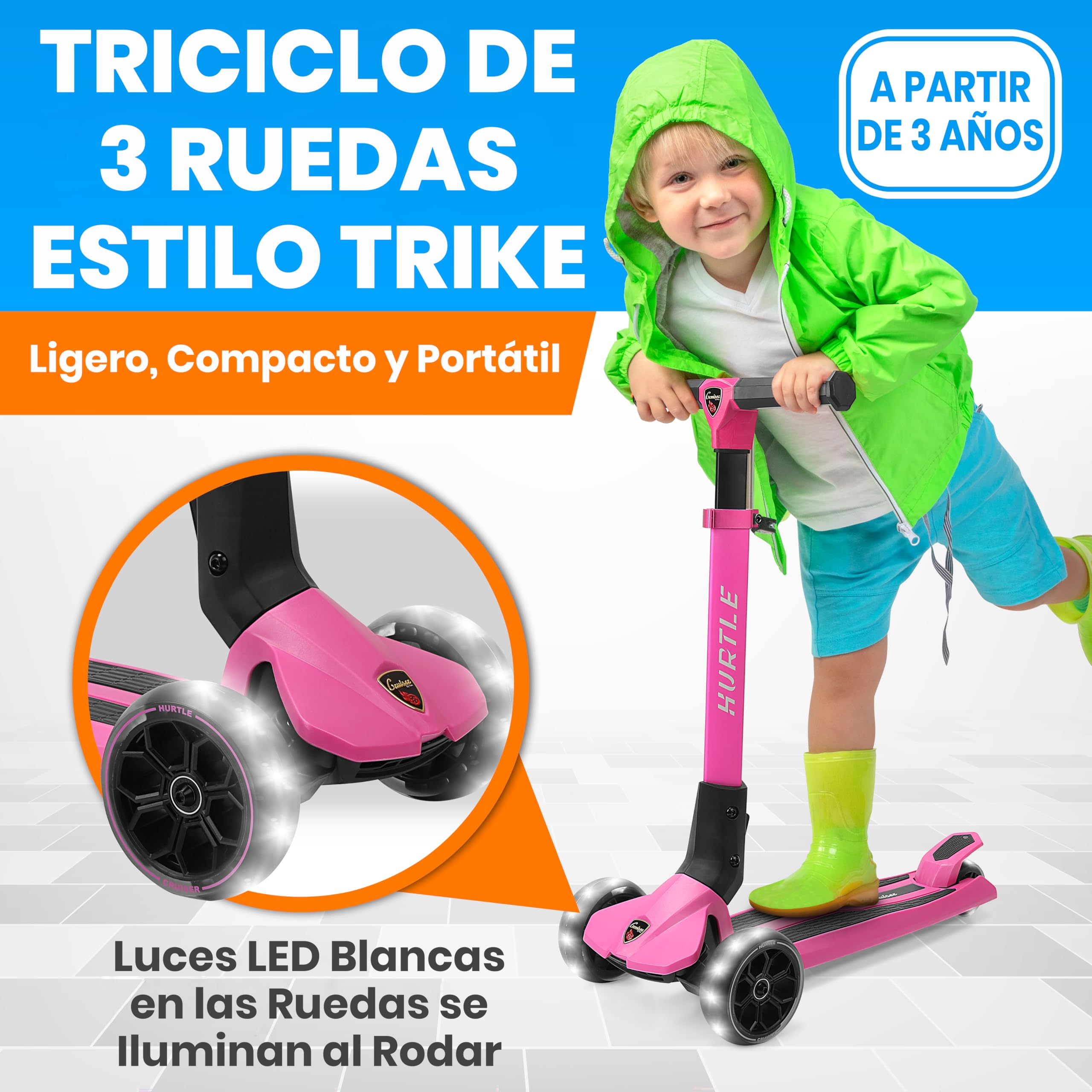 Hurtle Patinete niños 3 Ruedas, Juguetes, 3 años en adelante, Altura Ajustable, Interiores, Exteriores, Luces Intermitentes