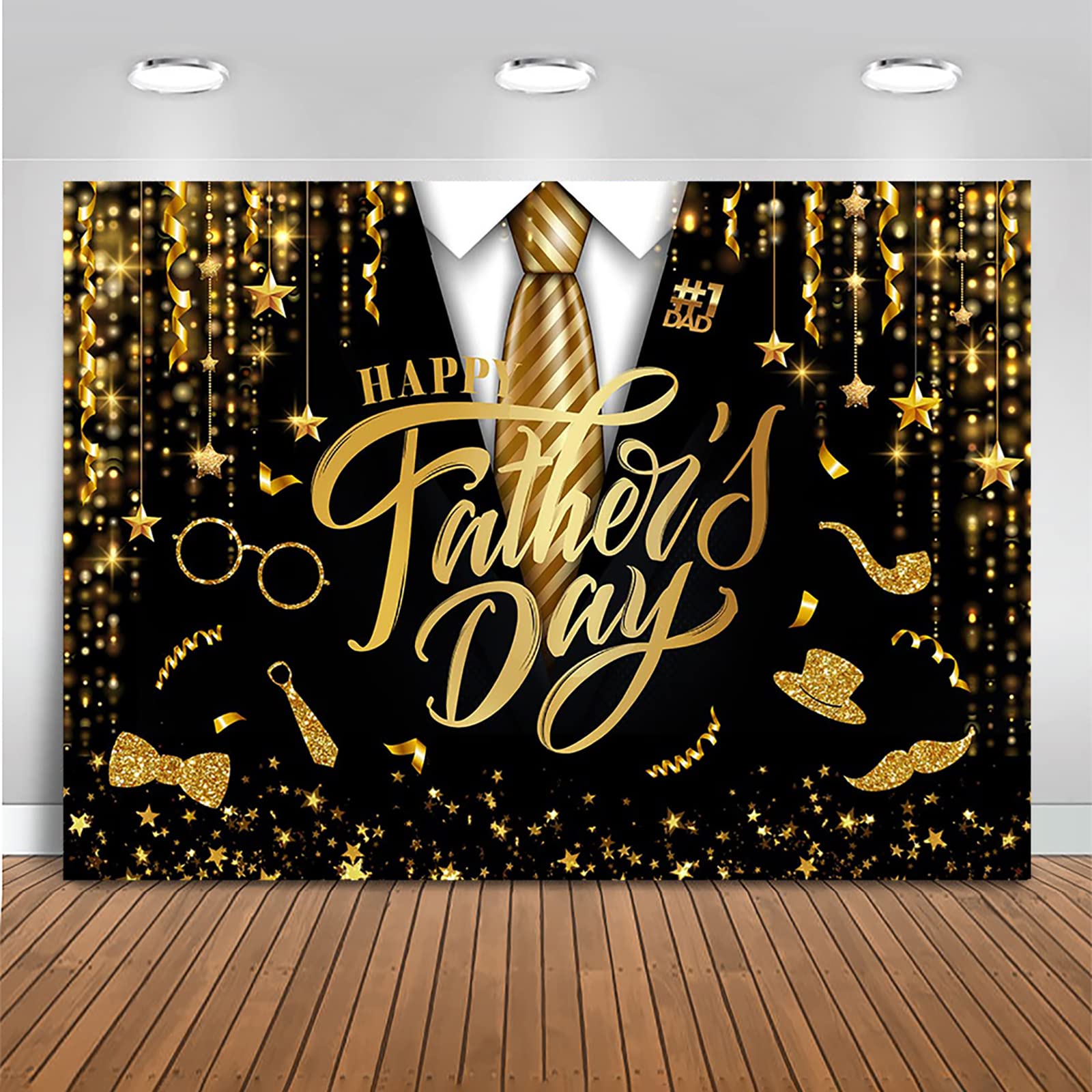Mocsicka Happy Father's Day Backdrop Best Dad Happy Dads Day Theme Party Decoration Gold and Black Father's Day Family Events Party Banner (Black Gold