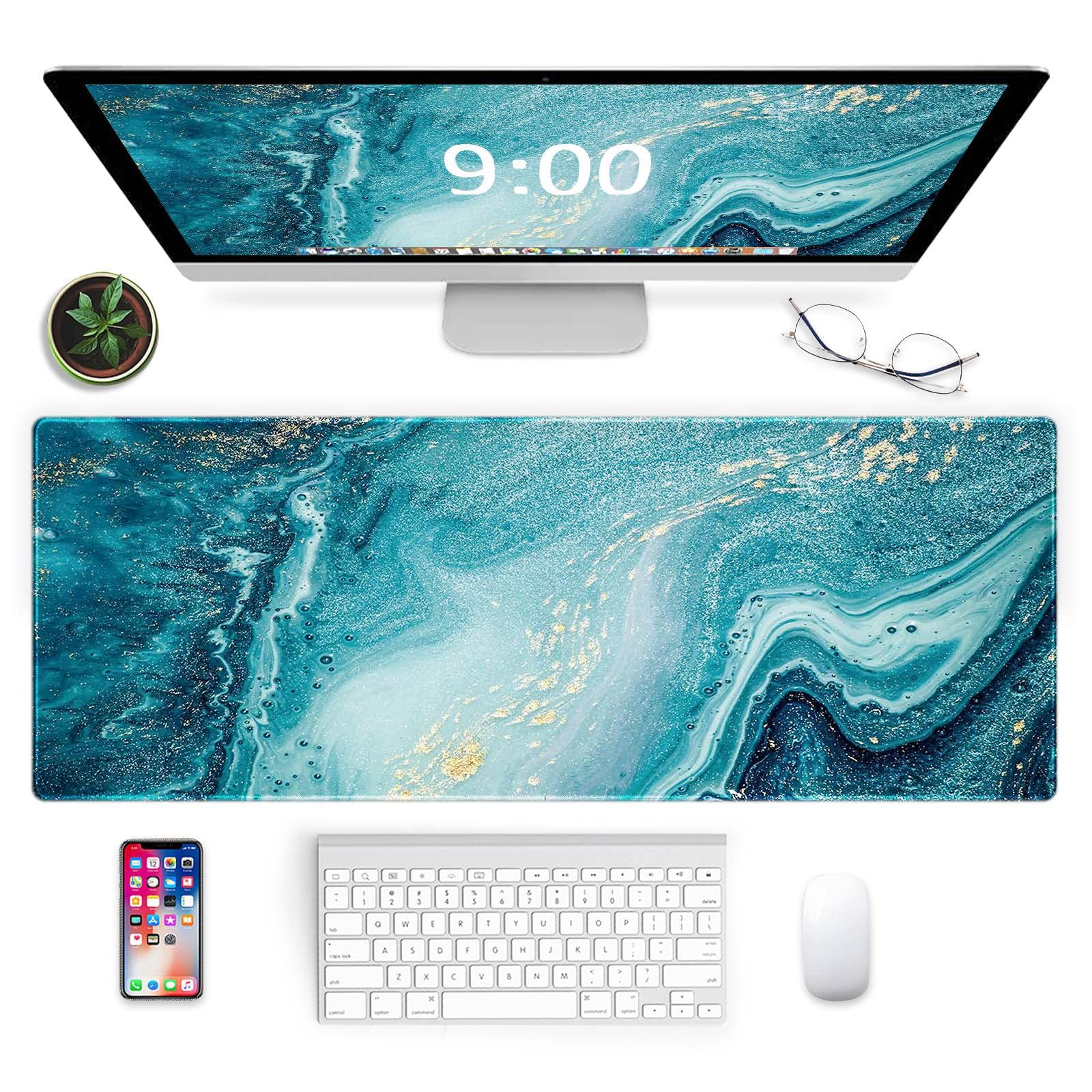 YIWEI Large Gaming Mouse Pad, Extended XL Mouse Pad, Non-Slip Base Mousepad with Stitched Edge,Blue Marble Desk Mat for Keyboard and Mouse, 31.5x11.8 inch