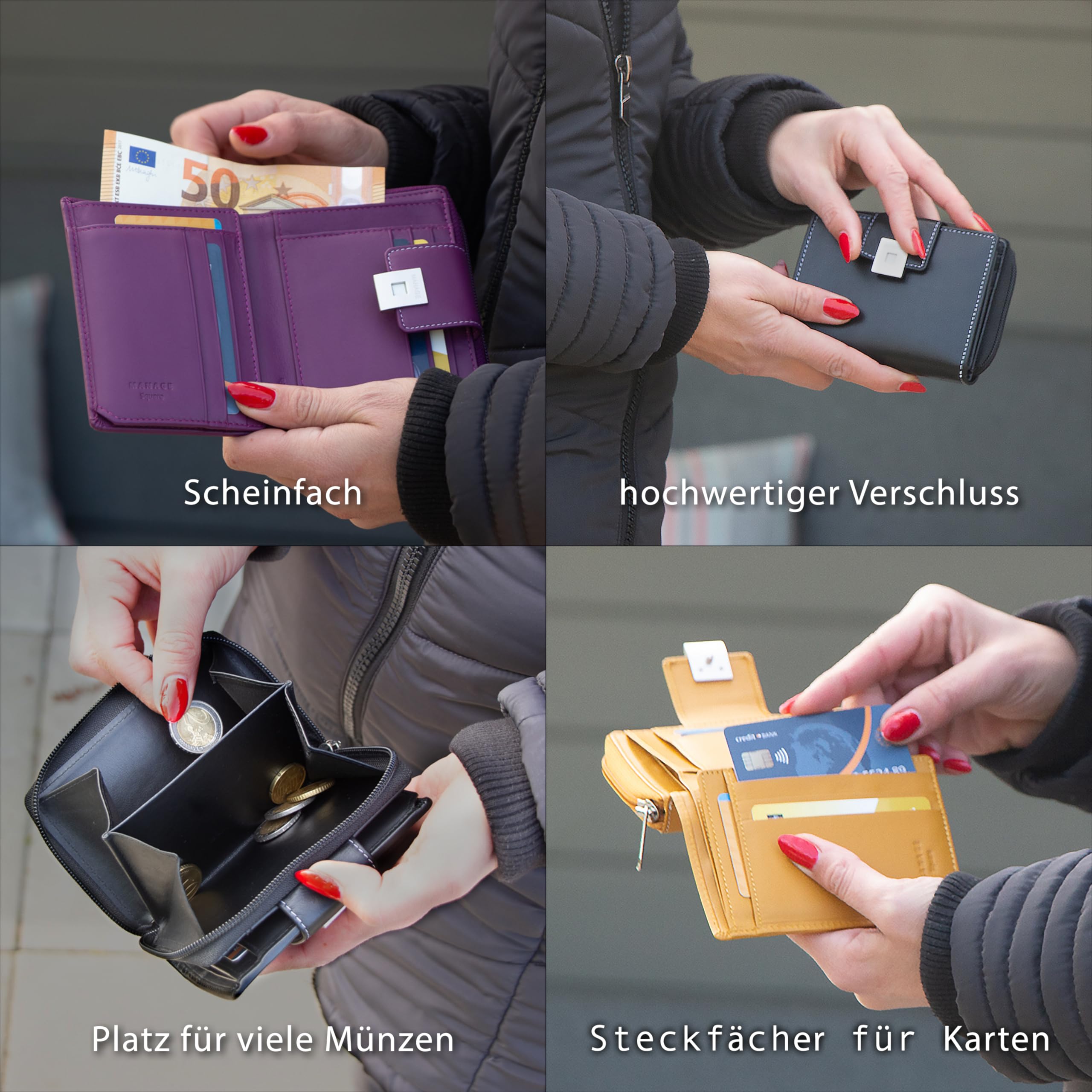 MANAGE Premium Geldbörse Damen Gelb - RFID NFC Schutz - Geräumiges Echtleder Portemonnaie Frauen mittelgroß - Leder Geldbeutel viele Fächer mit Reißverschluss (Gelb)