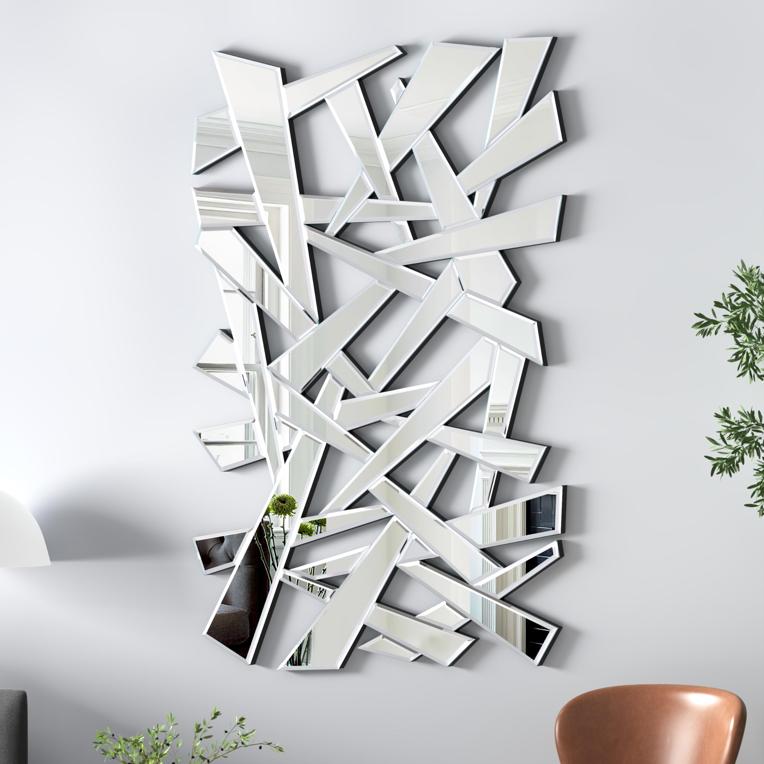 KOHROS Large Modern Art Wall Mirror - Irregular Beveled Rectangular Mirror Decor for Hotel,Living Room,Dining Room,Silver(W29.9*H45.5)