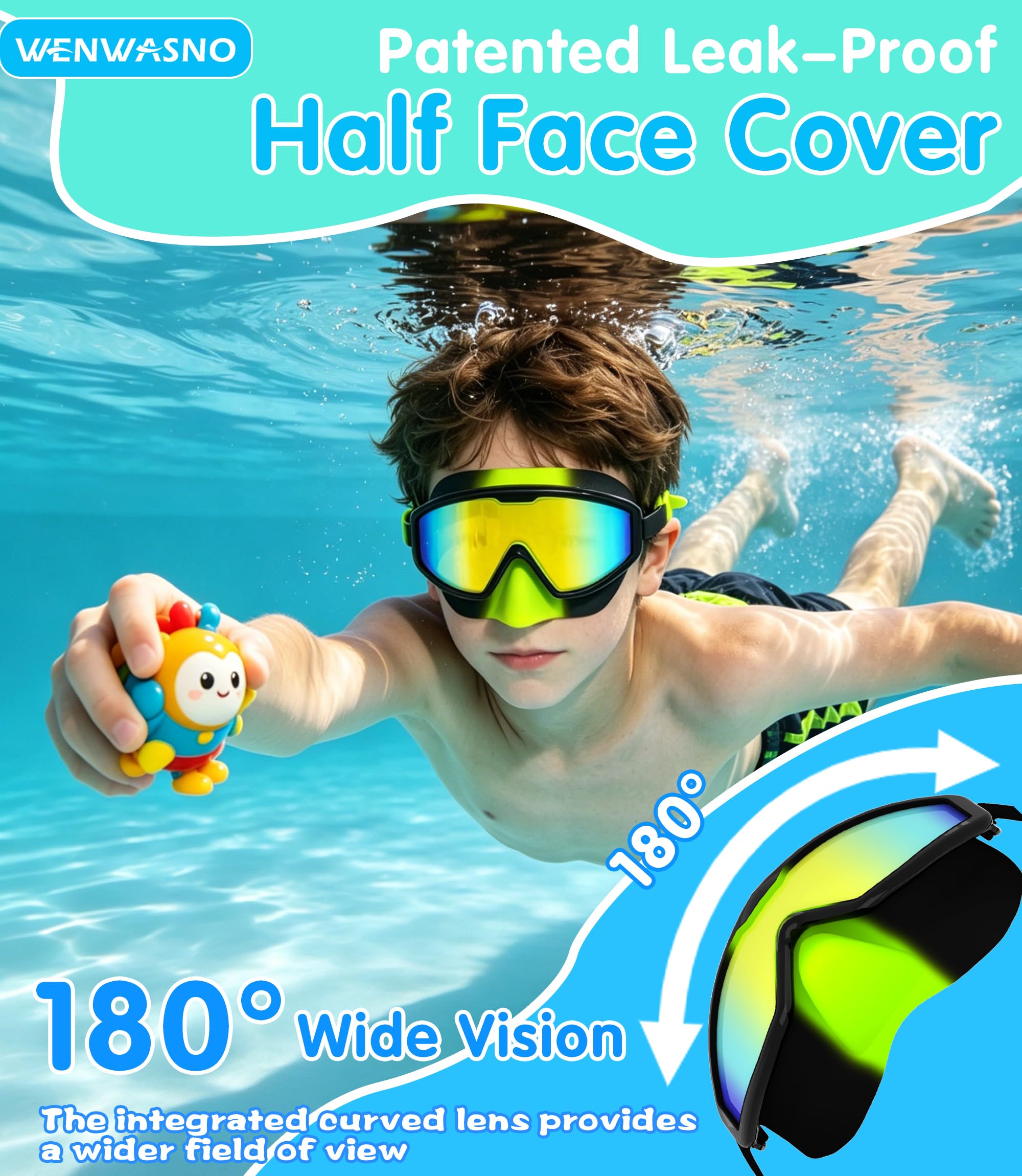 Occhialini da Nuoto per Bambini 2 Pezzi con Protezione Naso, Vista Larga Maschera Immersione Anti-Nebbia Anti-Nebbia UV Senza Perdita Piscina