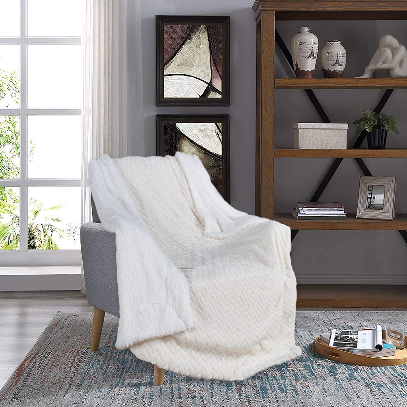 ALOANES Thick Jacquard Flannel Fleece Blanket Throw, Fleece Thickening, Soft Cozy Throw Blanket, 47"x60"Size, White. Perfe...