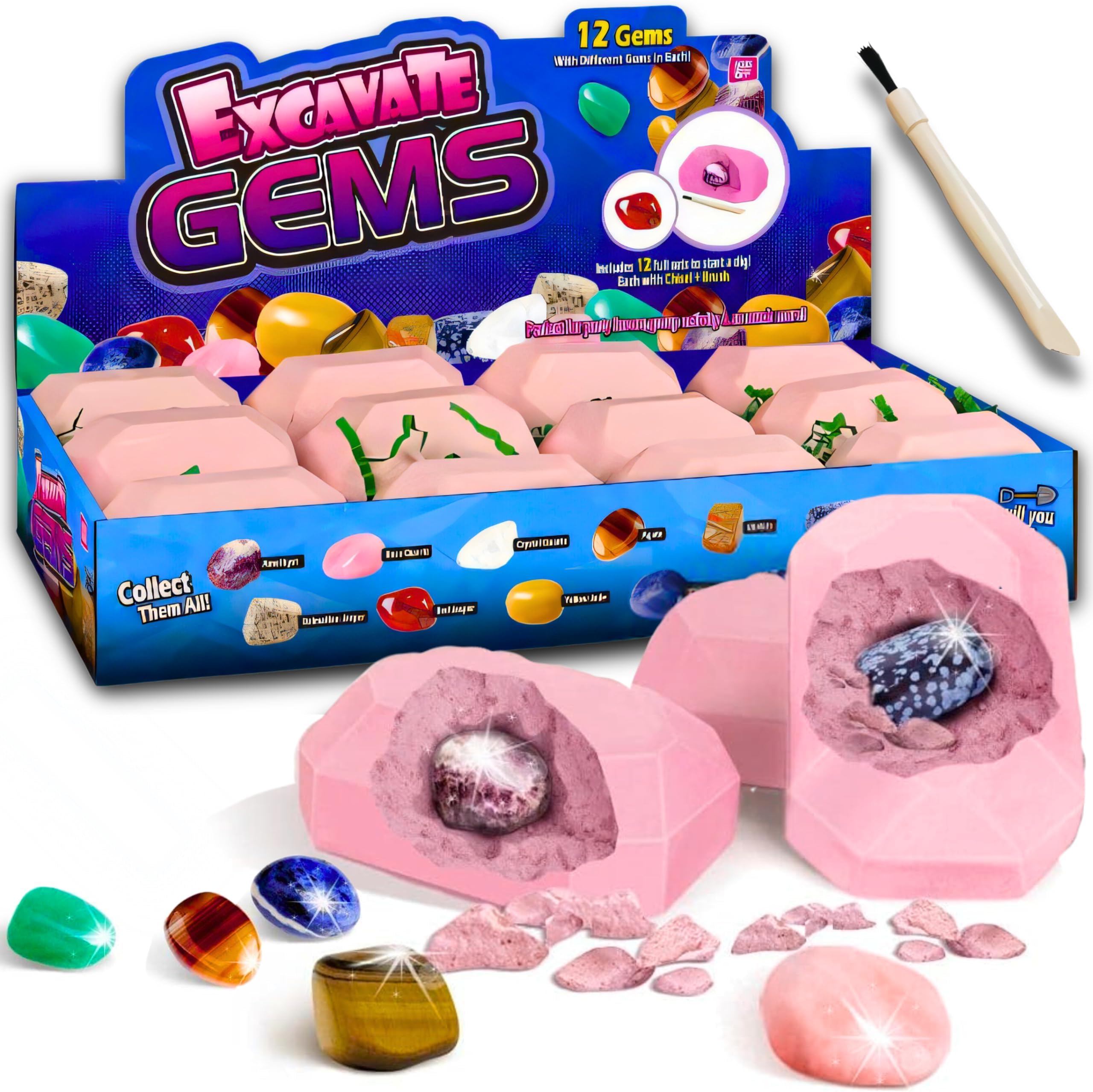 Gemstone Dig Kit - 12 Real Gemstone & Crystal Kids Gems Digging Kit Mineral & Rock Collection for Kids Archaeology Geology Science Educational Gift STEM Toys for Boys & Girls