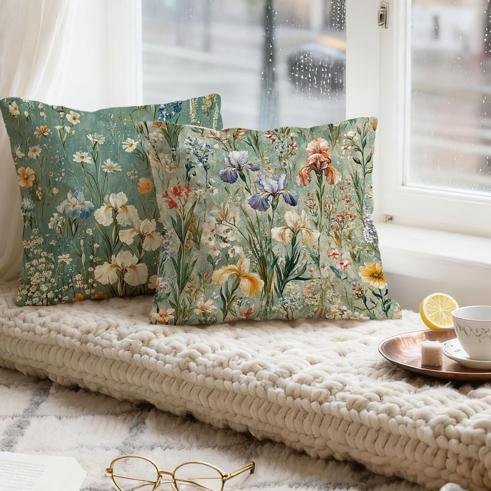 Verde Salvia Funda Almohada 60x60 Flor Funda Cojin 60x60 Cojines Sofa Lino Fundas Almohadas Cuadrada Fundas Cojines Juego 4 Protector Almohada Cervicales y Cuello, para Jardin Dormitorio E - 525