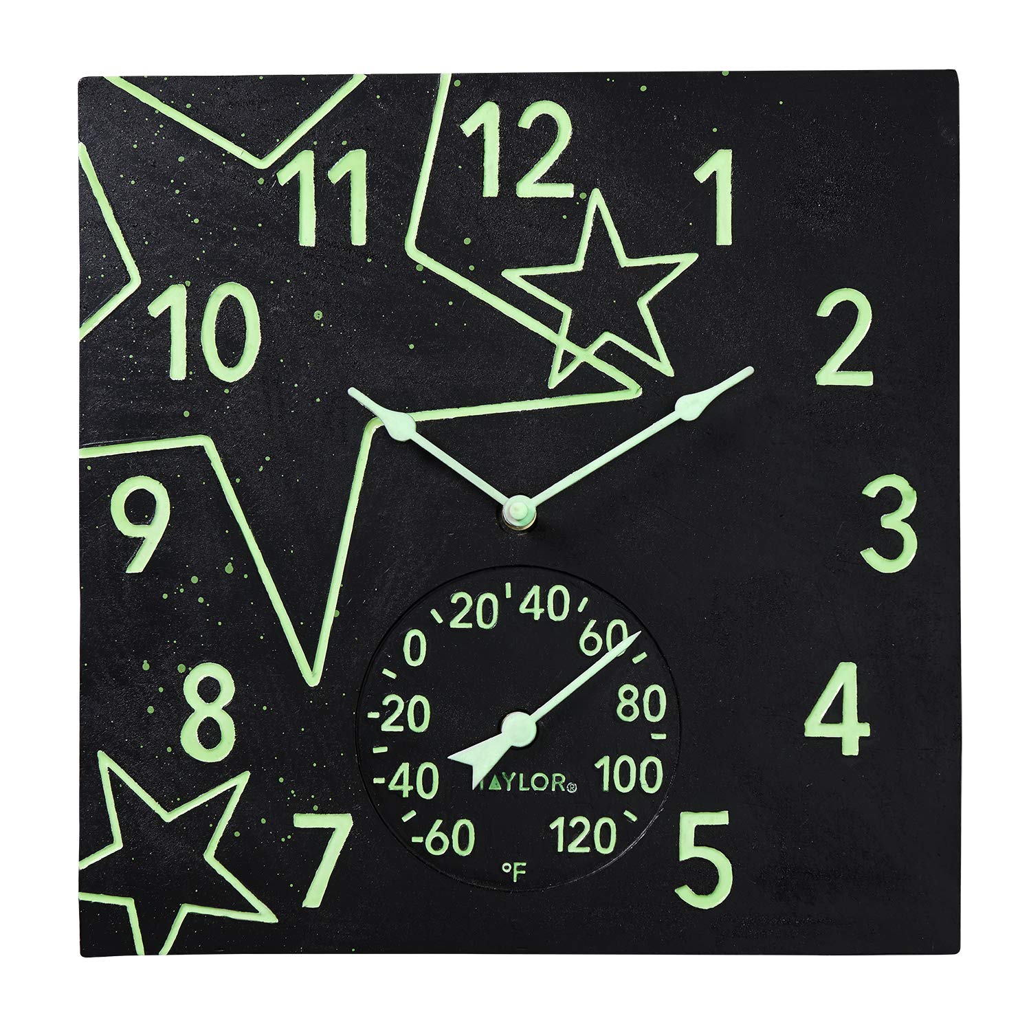 Taylor 14"x14" Midnight Stars Glow in The Dark Poly Resin Clock with Thermometer