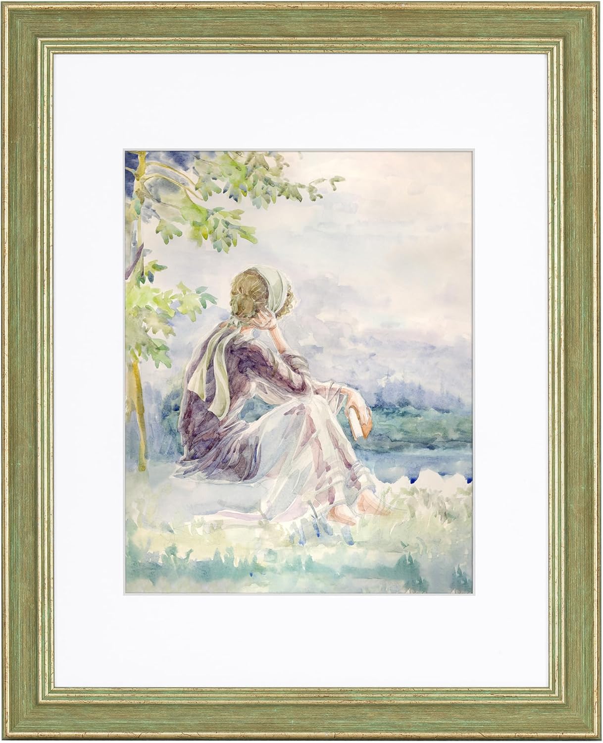 Axeman 11x14 Picture With Mat For 8x10 Photos, Elegant Vintage Ornate Design With Plexiglass Wall Hooks Included, Farmhouse Rustic Distressed Wood Grain Decor, Green