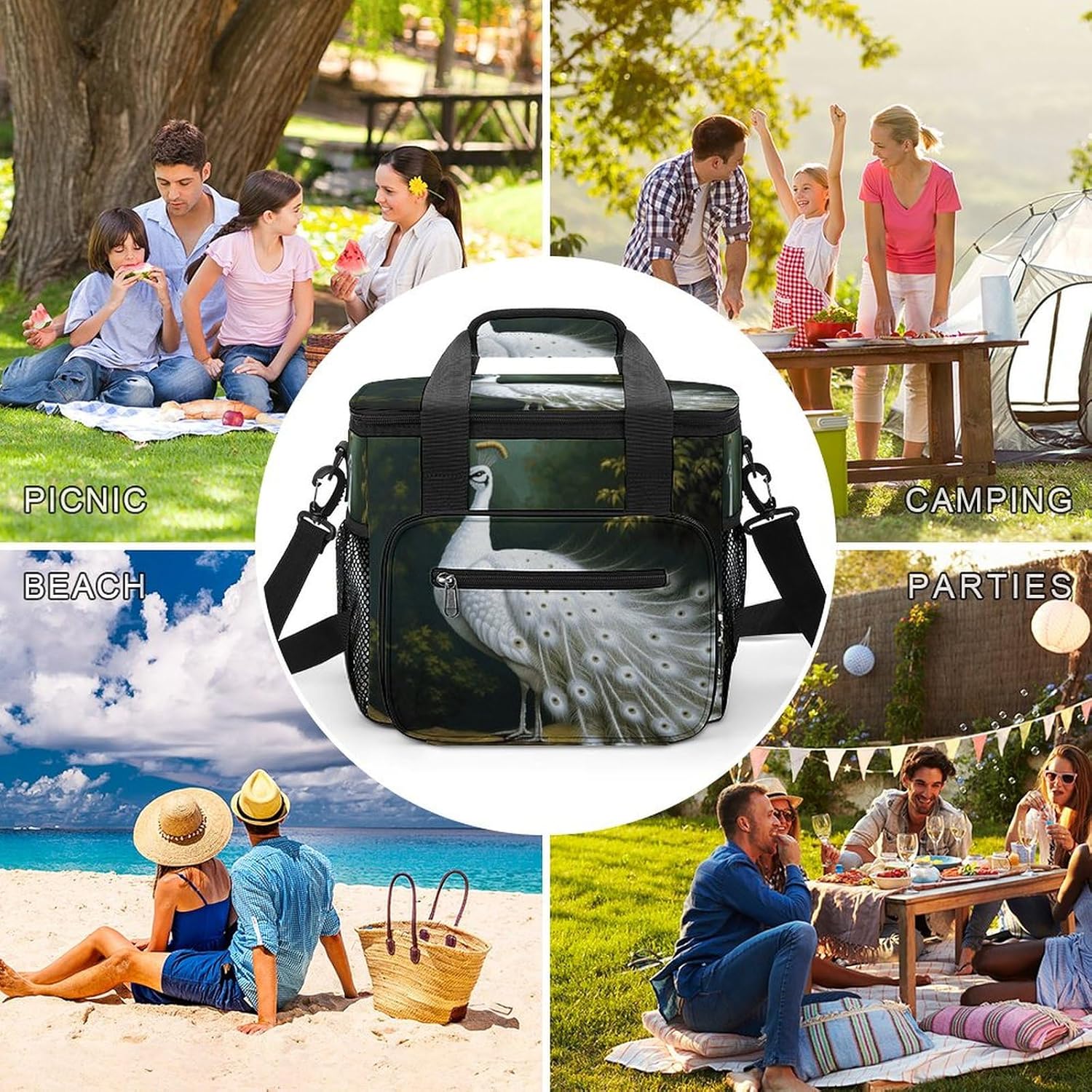 Camping Ice Pack, White Peacock Print Cooler Bag, 22.5L Large Capacity Insulated Lunch Tote Bag for Outdoor, Picnic, BBQ, Travel, Work