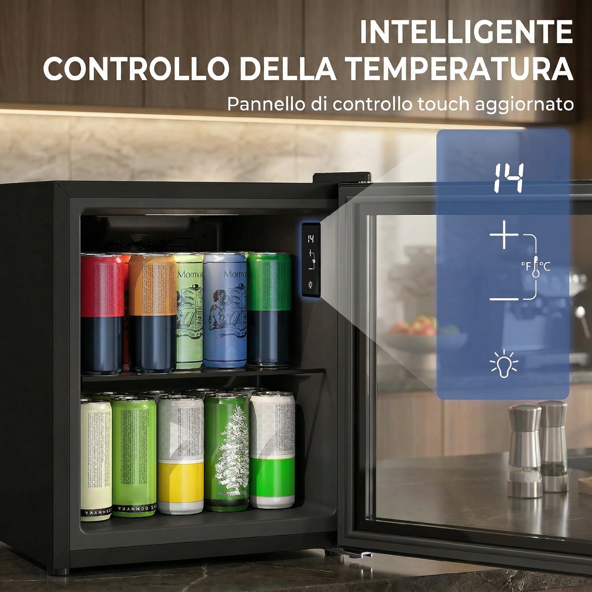 HOMCOM Mini Frigo per Bevande 46L 59 Lattine, Frigorifero Piccolo da Tavolo e Camera Silenzioso, 0-20℃, Porta in Vetro, Ripiano, Display Touch, Classe D, Luci LED, per Birra, Cucina, Ufficio, Nero