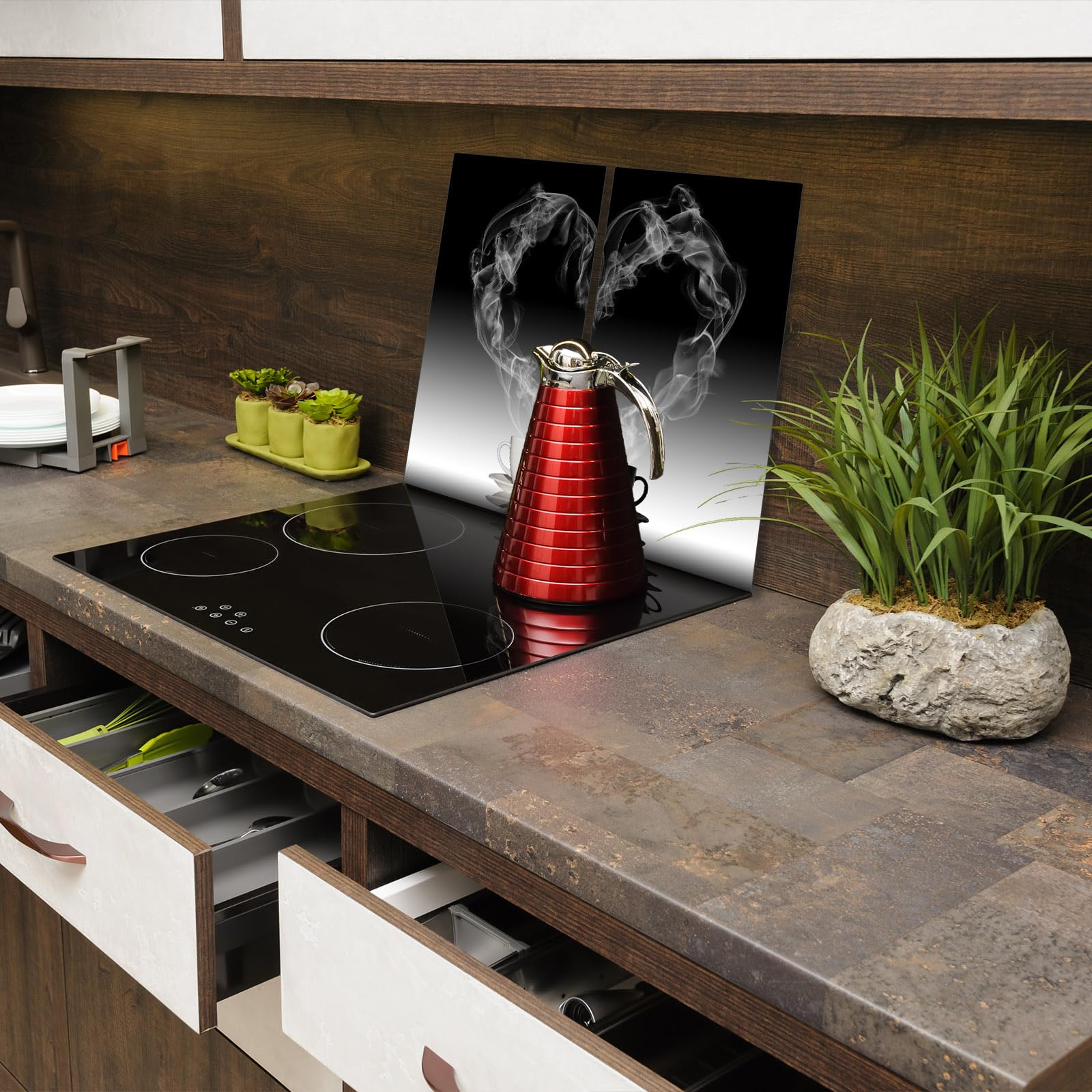 Herdabdeckplatte Ceranfeld Abdeckplatte Herdabdeckung Herdplatten Abdeckungen Induktionskochfeld 2 x 30x52 cm Zweiteilig Kaffee Schwarz