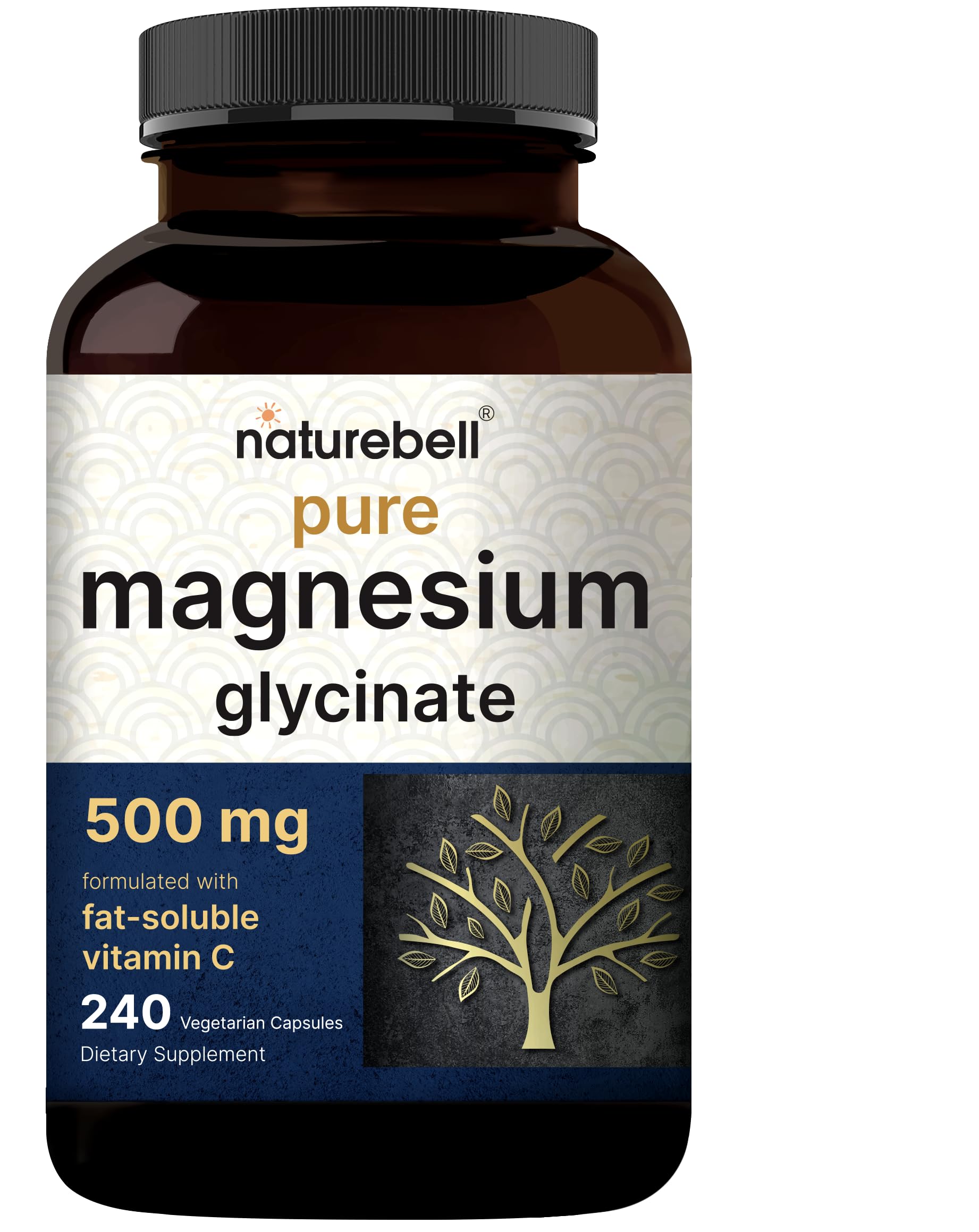 NatureBell Magnesium Glycinate Capsules 500mg | 240 Count, 100% Chelated & Purified, 3rd Party Tested, Non-GMO & Gluten Free