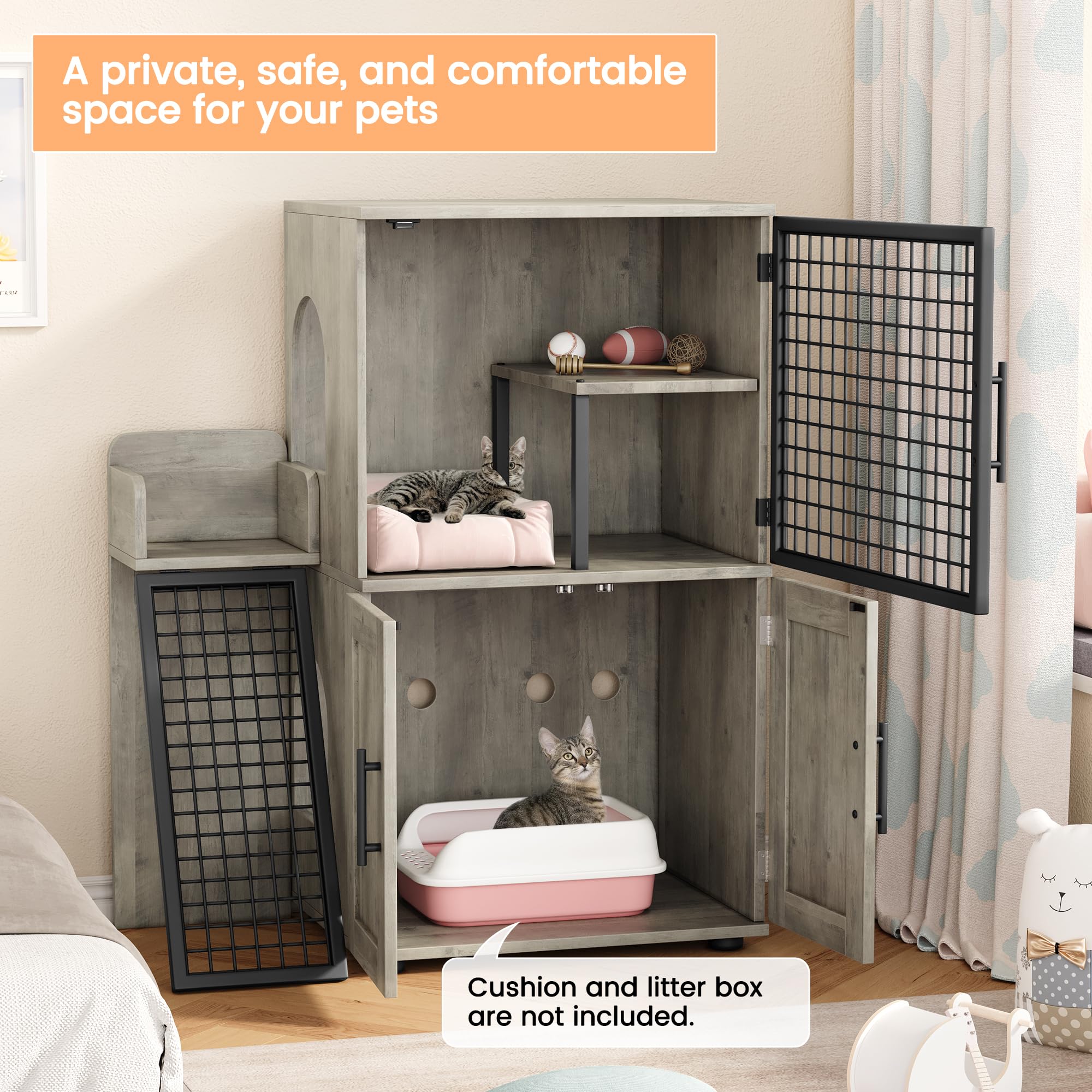 Recinzione per gatti in legno Catio, gabbia per interni moderna a doppio strato, con area di riposo e scala, 85 x 45 x 106 cm
