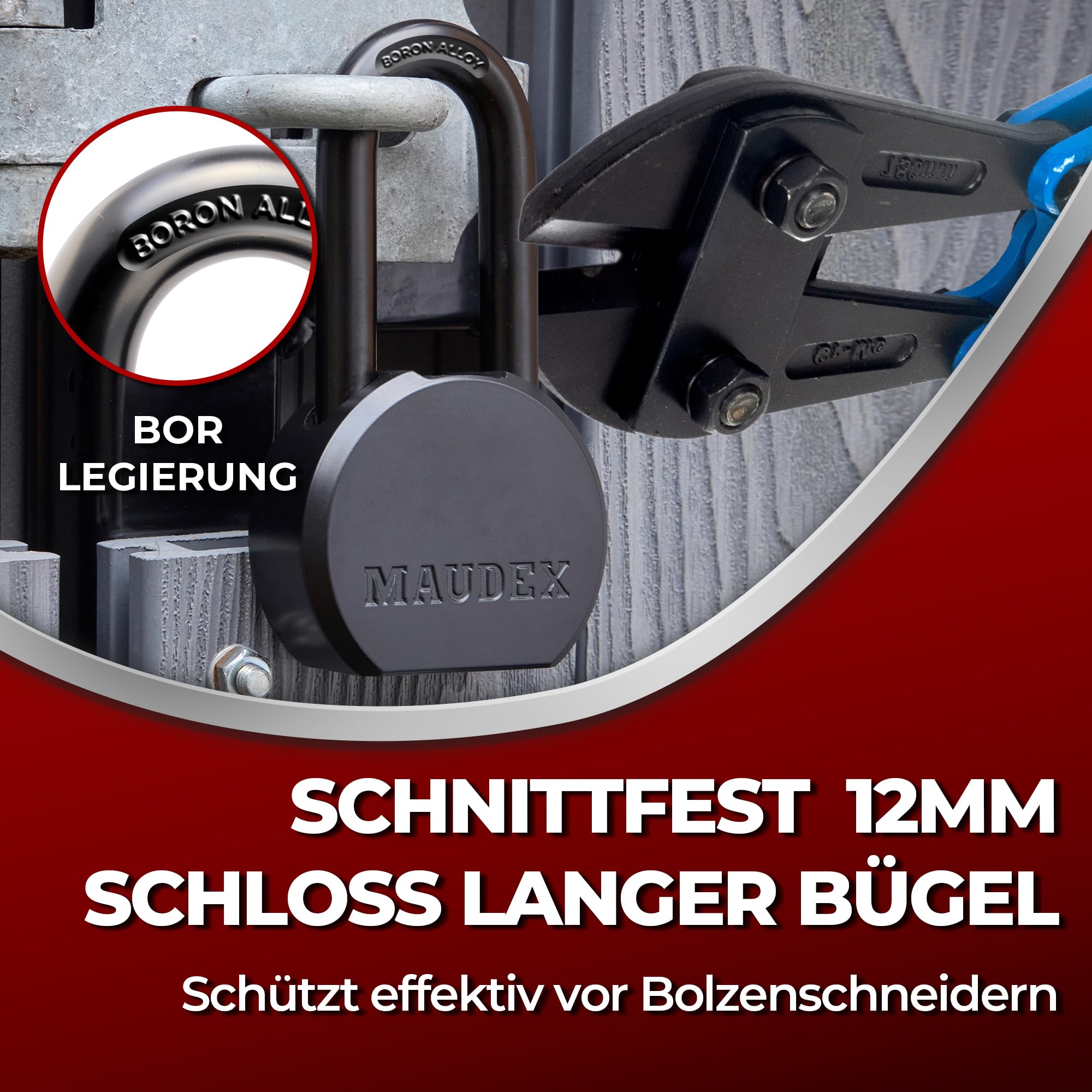 Maudex® PME65 Allwetter-Schutz Schwerlast Vorhängeschloss mit 5 Schlüssel - 12 mm Schnittfester Borlegierung Langer Bügel | Sicherheitsschloss für Schuppen, Tore, Container & Außenlager