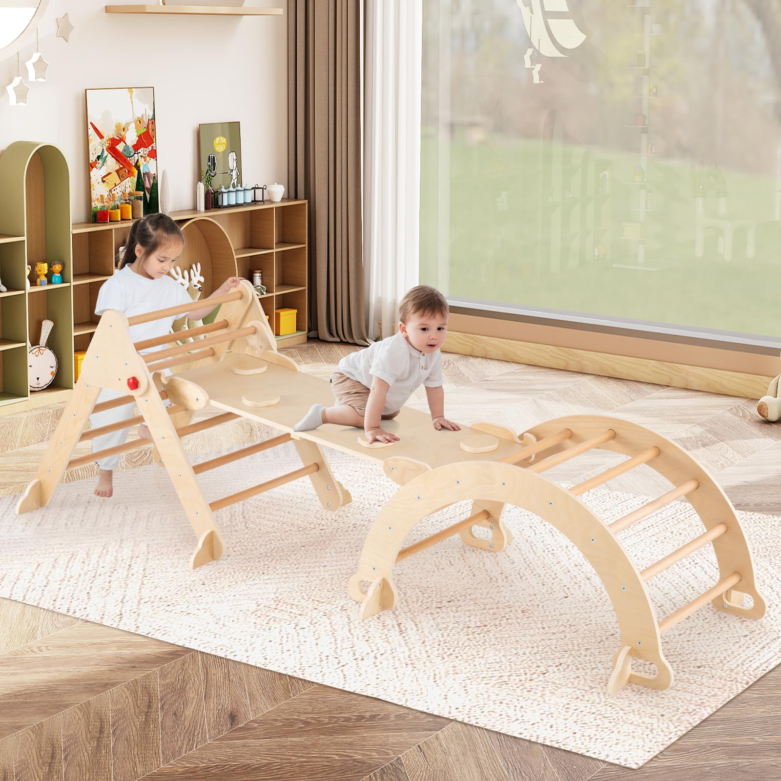 COSTWAY Kletterdreieck mit Rutsche, Kletterbogen, inkl. doppelseitige Rampe, Klettergerüst Indoor klappbar, Sprossendreieck zum Klettern, Rutschen und Wippen, Kinder Spielplatz Holz ab 3 Jahre, Natur