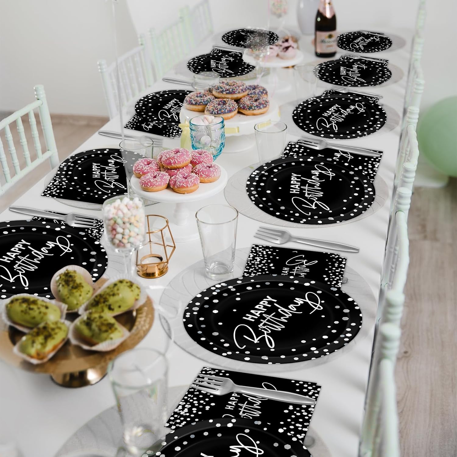 Wiooffen 96PCS Black Silver Birthday Paper Plates and Napkins Party Supplies Happy Birthday Party Decorations Disposable Birthday Party Tableware Dinnerware Set for Women Men Birthday Serves 24 Guests - Image 6