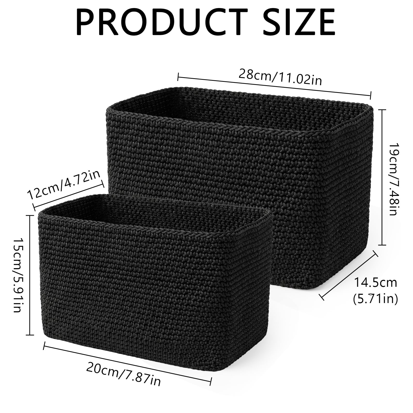 2 Piezas Cestas Almacenaje, Cesta de Ganchillo Tejida a Mano, Cestas de Almacenamiento, Cesta Organizadora Rectangular Grande y Pequeña para Baño, Salón y Oficina, Negro (negro)