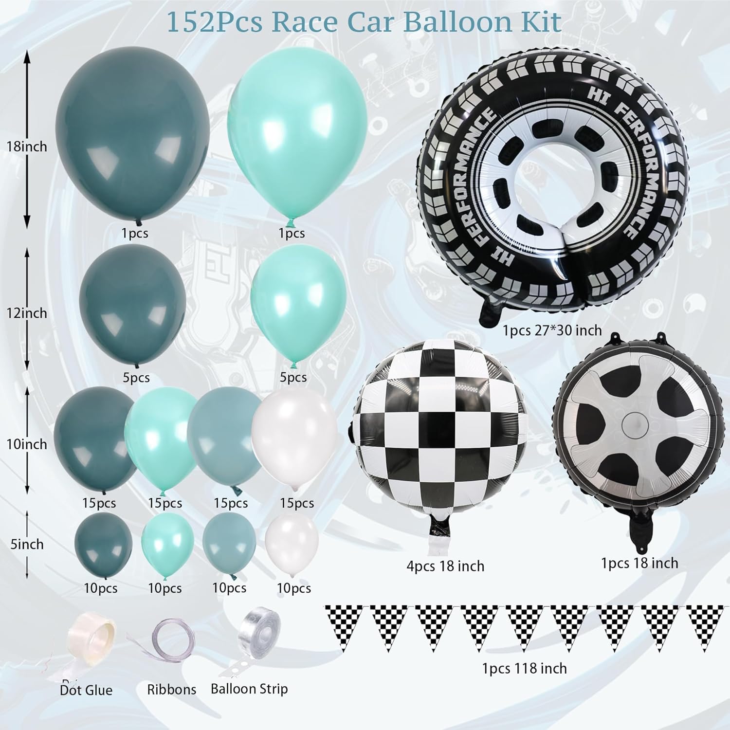 Race Car Balloon Arch Garland Kit 152Pcs Dusty/Peacock/Teal Blue and White Balloons with Wheel Checkered Foil Balloons and Checkered Flag Banner for Two Fast Birthday Party Decorations - Image 2