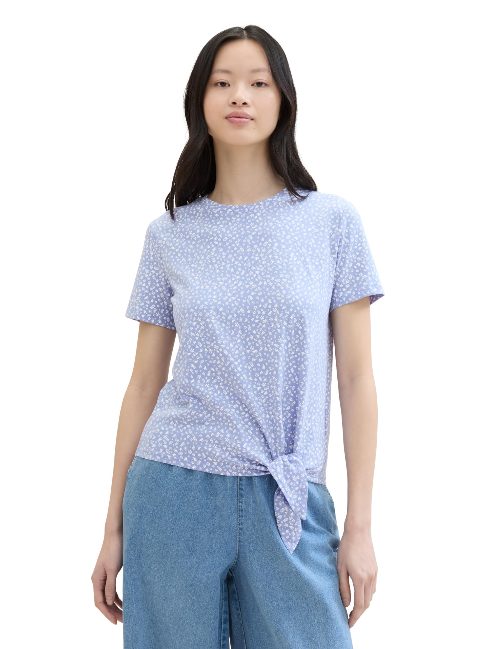 TOM TAILOR Denim Women's 1040186 Basic T-Shirt with Knot Detail, 35325-Mid Blue Minimal Print, M