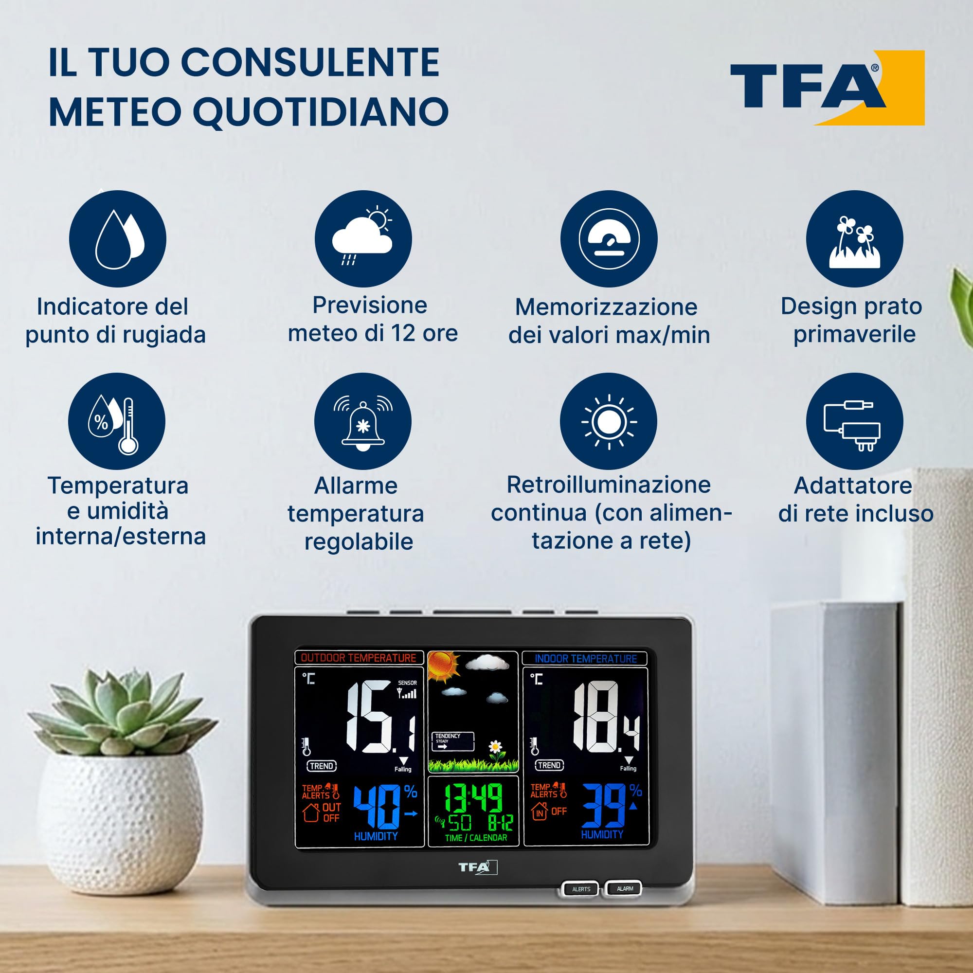 TFA Dostmann stazione meteo con sensore esterno, wireless Spring, 35.1129.01, temperatura e umidità, previsioni del tempo, allarme temperatura, nero