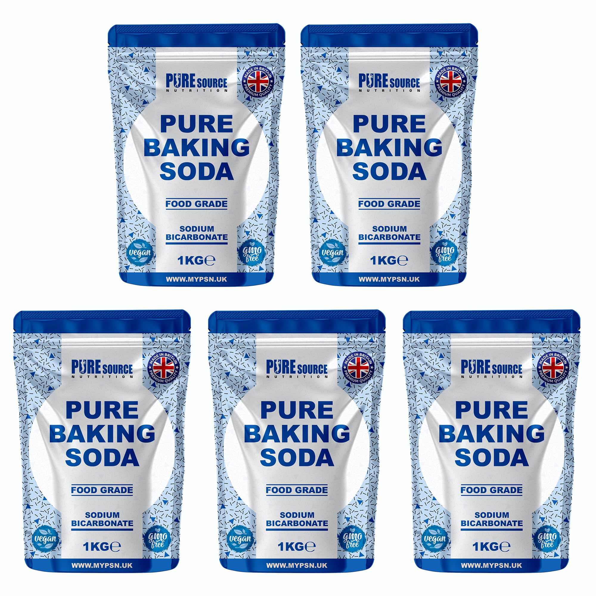 Pure Baking Soda 1KG x 5 = 5KG VEGAN 100% Sodium Bicarbonate of Soda Food Grade | Baking Soda for Cooking & Drinking & Cleaning | Aluminium Free | BPA Free | Raising Agent