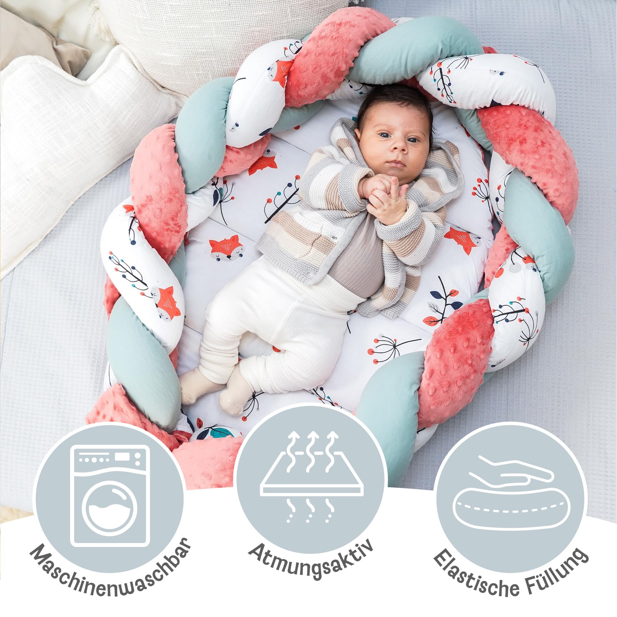 Nid d'enfant nouveau-né nid bébé 75 x 45 cm - nid câlin avec oreiller tresse ensemble pliable nid bébé double face lit bébé Renard