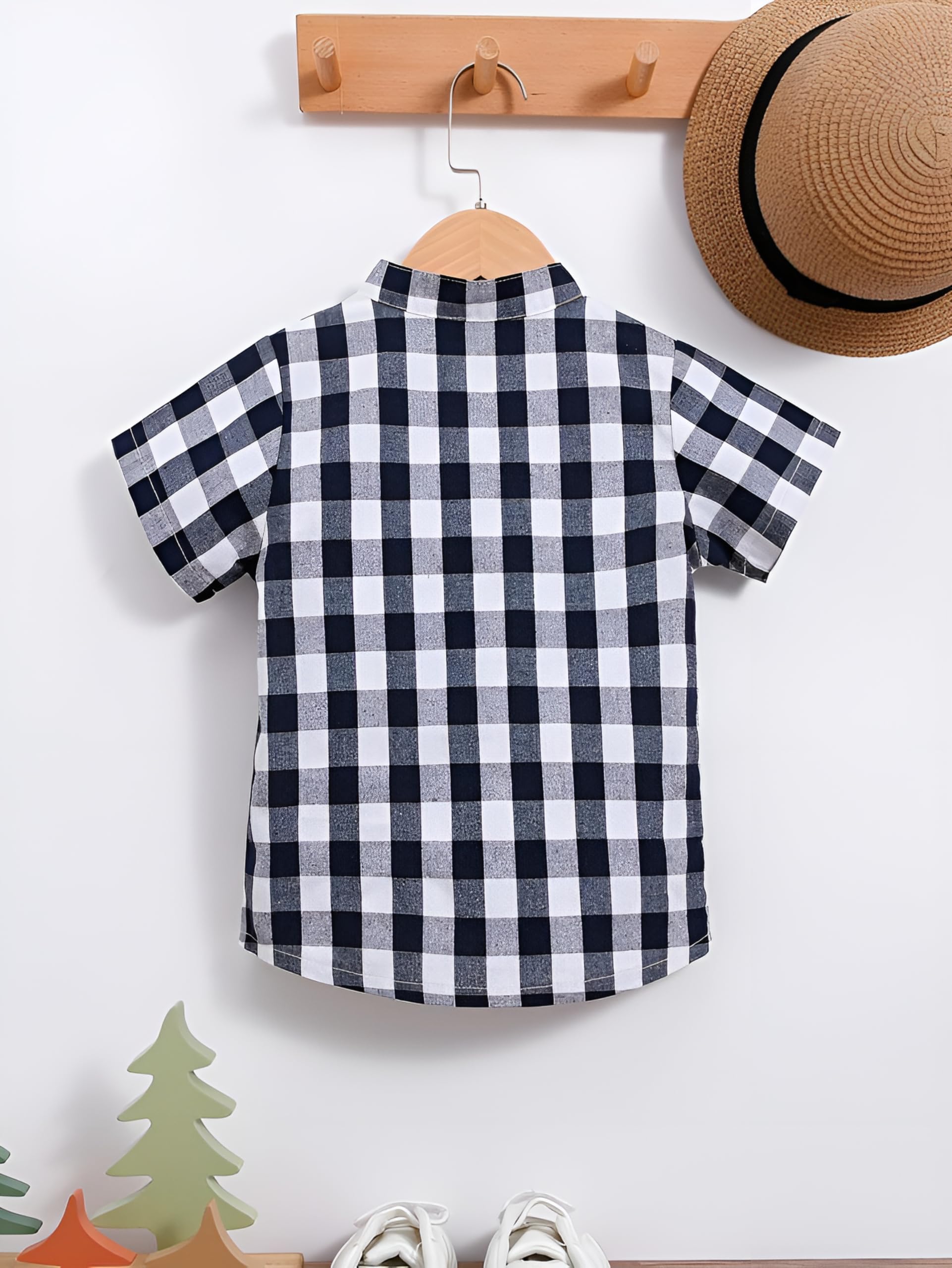 Boys Short Sleeve Button-Down Shirts, Car Print and Buffalo Check Pattern, 2-Pack, Blue and Black 3