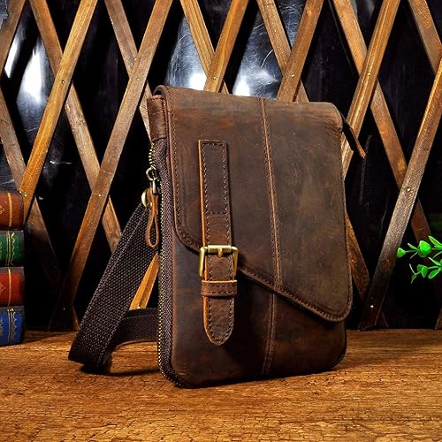 Miniatura 2 de Le'aokuu Riñonera pequeña de cuero genuino para hombre, bolsa de hombro para teléfono, cinturón y cintura, café Oscuro Grande