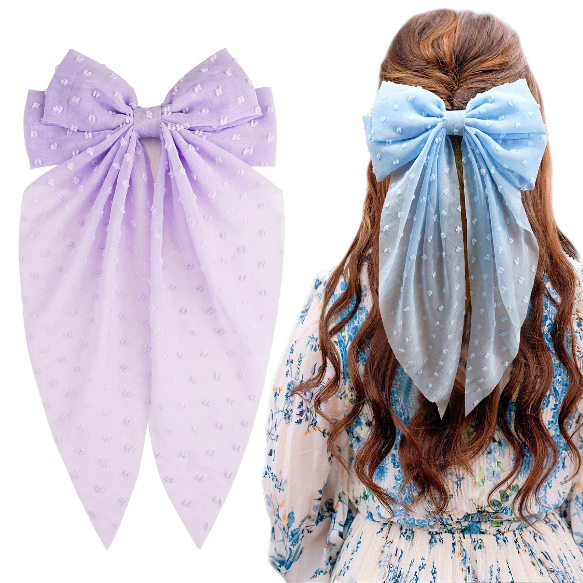 Ling & Bai 8 Inches Large Hair Bow Clip Big Long Tulle Layered Bows Barrettes Hair Accessories for Women Girls Teens (Blue) - Image 3