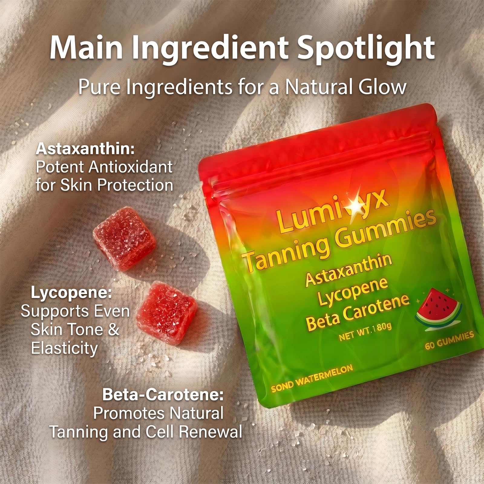 Tanning Gummies with Vitamins C & D, Watermelon Flavor