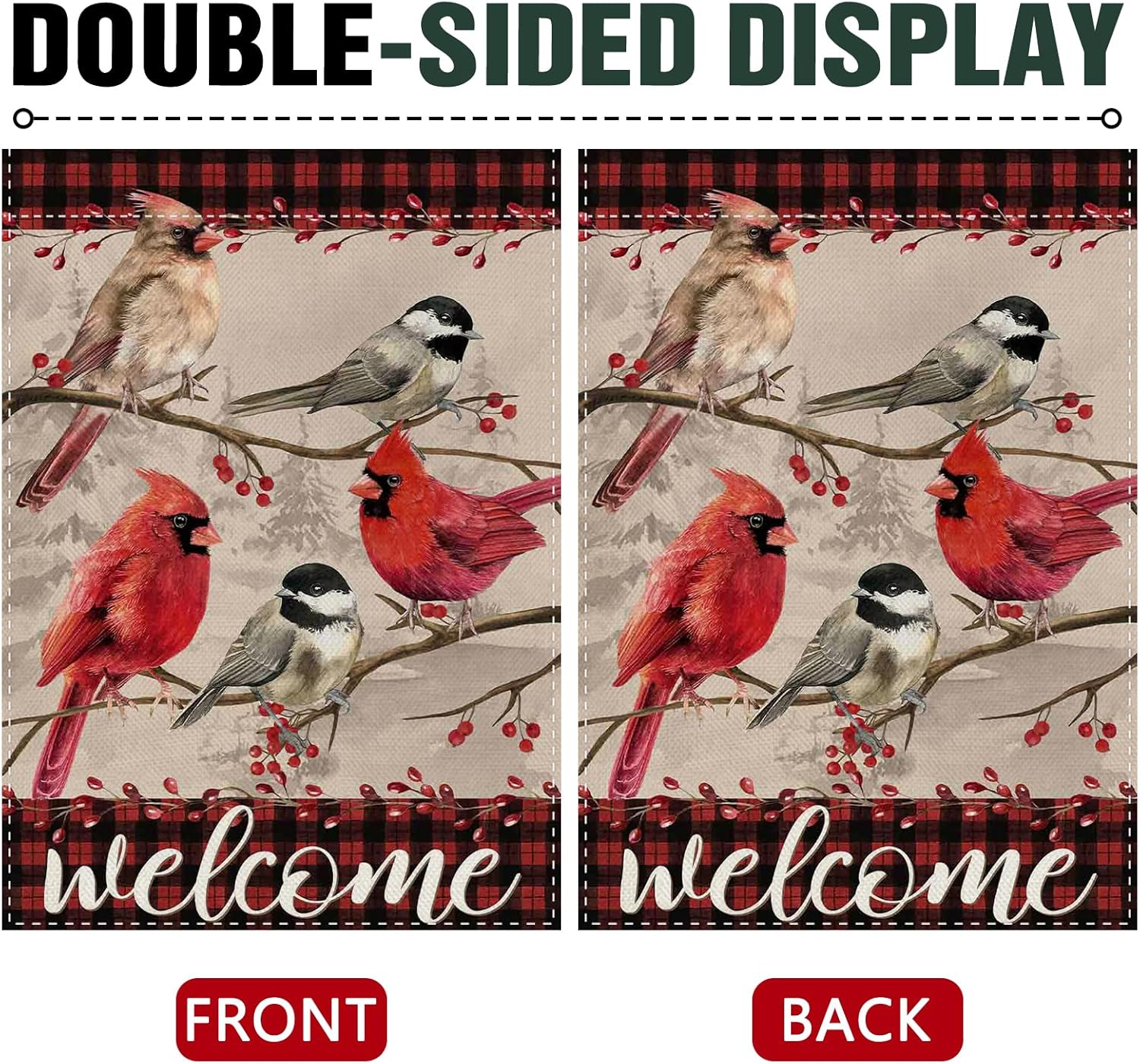 Dyrenson Welcome Christmas Cardinal Chickadee Decorative Garden Flag, Vintage Xmas Birds Red Berries Yard Outside Home Decoration, Winter Holiday Plaid Burlap Outdoor Small Decor Double Sided 12 x 18 - Image 3
