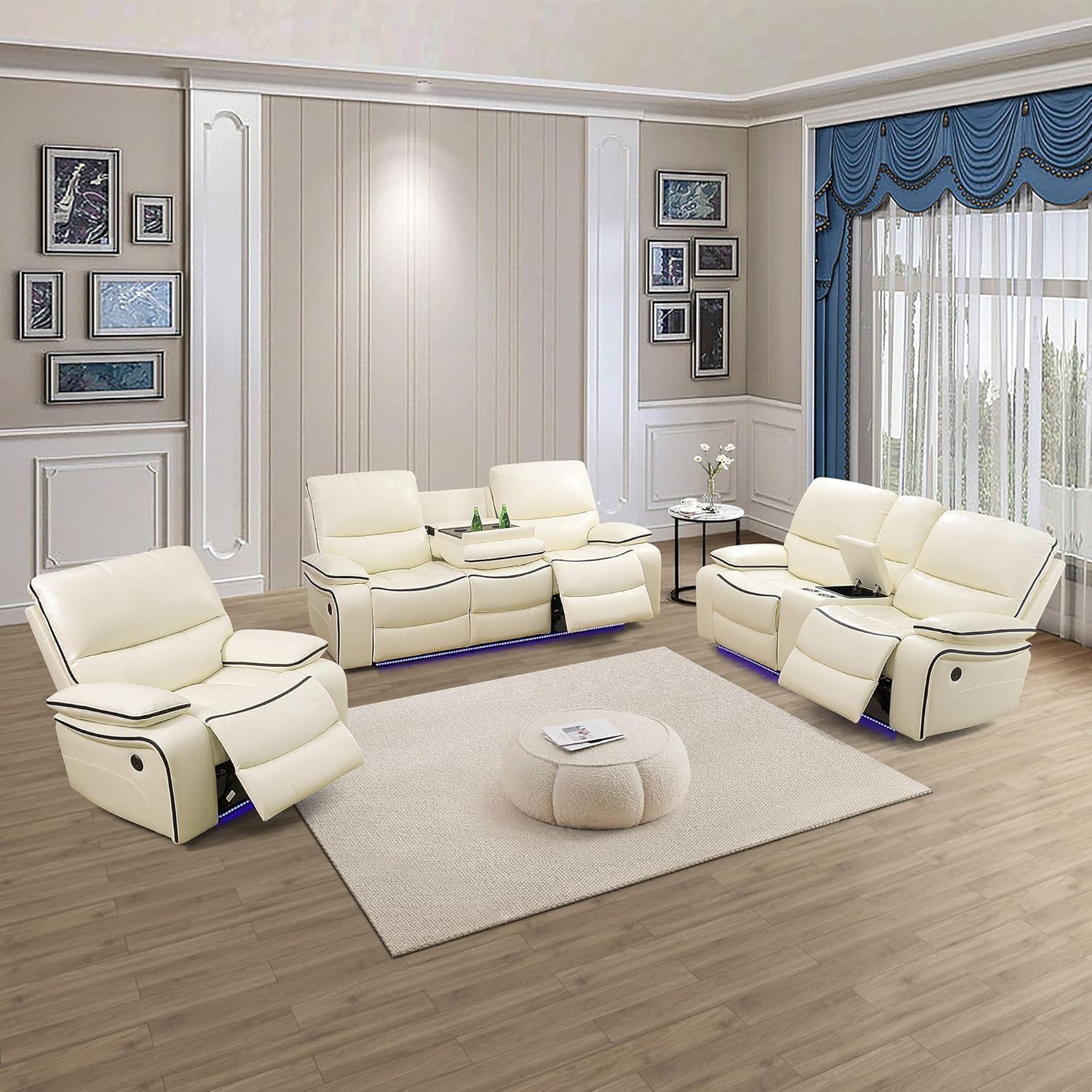 Recliner Sofa Set, Breathing Leather Living Room Furniture, Creamy White Reclining Leather Couch with USB Ports/Cup Holders/Storage Console (Creamy White-Manual Recliner, Loveseat)