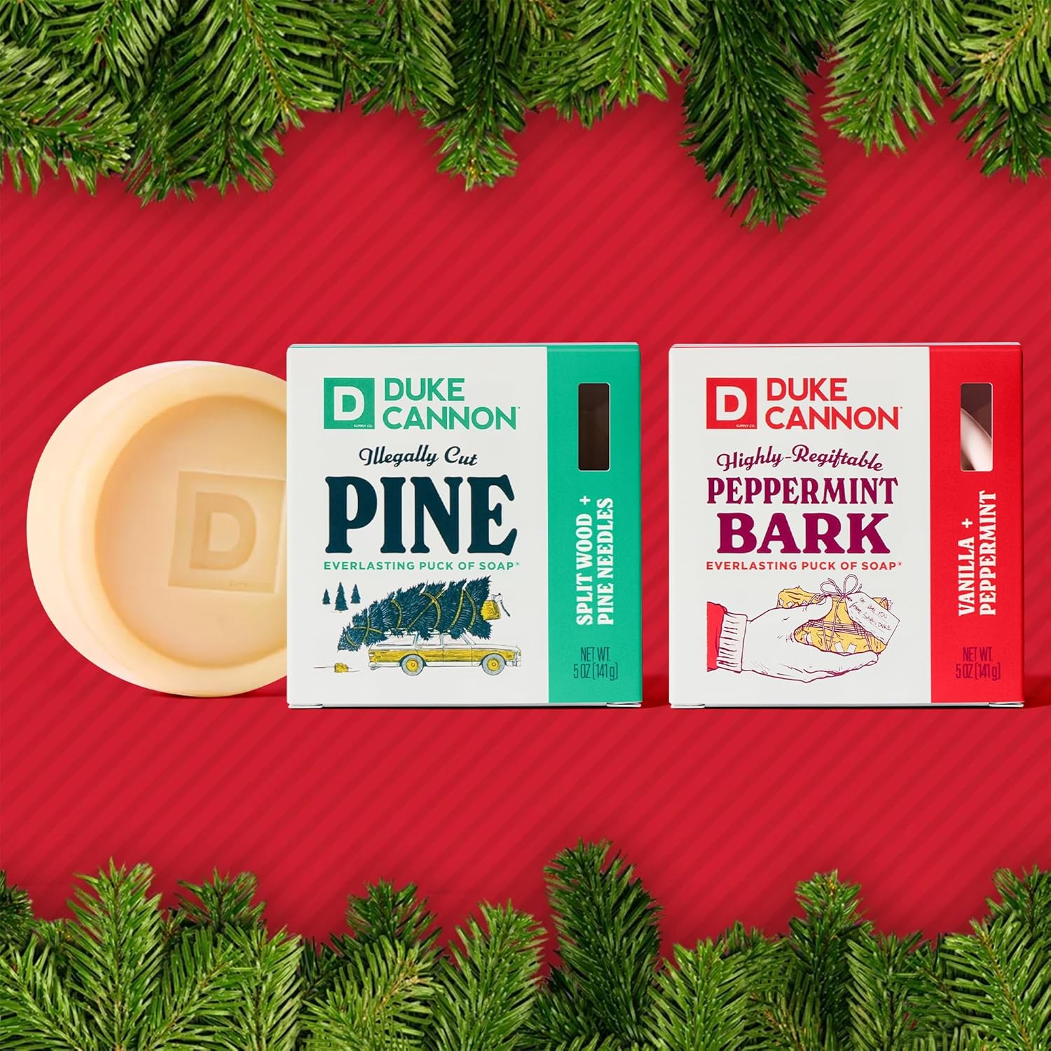 Duke Cannon Holiday Soap for Men, Illegally Cut Pine 2 Pack & Peppermint Bark 2 Pack Scented 5 oz Soap Pucks, Long-Lasting Extra Large Bars for Refreshing Daily Clean