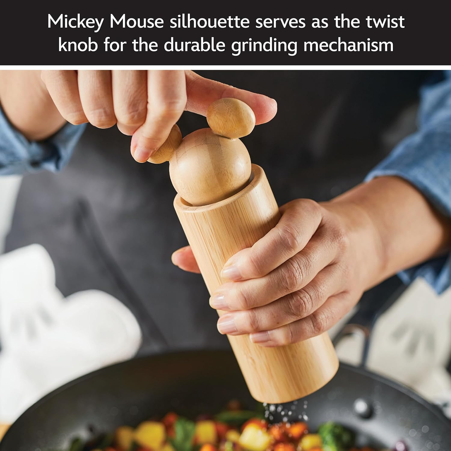 Disney Home Monochrome Bamboo Salad Server/Wood Serving Utensils with Salt and Pepper Grinder Set, 4 Piece - Bamboo