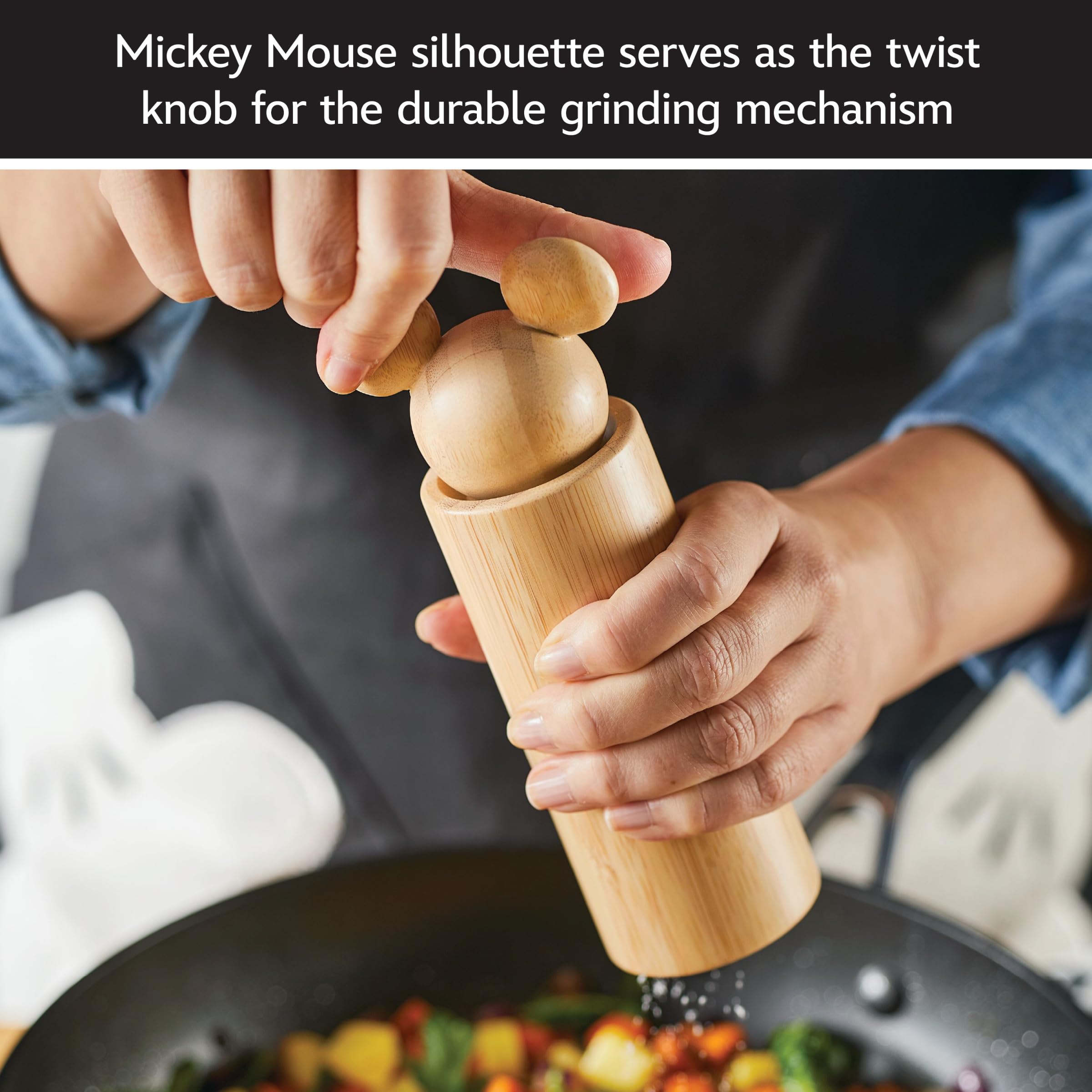 Disney Domowy monochromatyczny bambusowy serwer sałatkowy/drewniane naczynia do serwowania z zestawem młynków do soli i pieprzu, 4 sztuki
